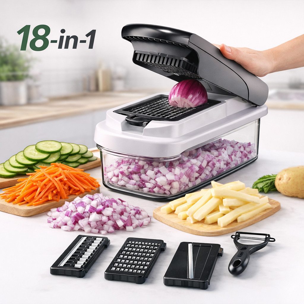 JASLIFE Gemüseschneider 18 in 1 Gemüseschneider Set mit Behälter, Manueller Küchenhelfer mit Edelstahlklingen und Handschutz
