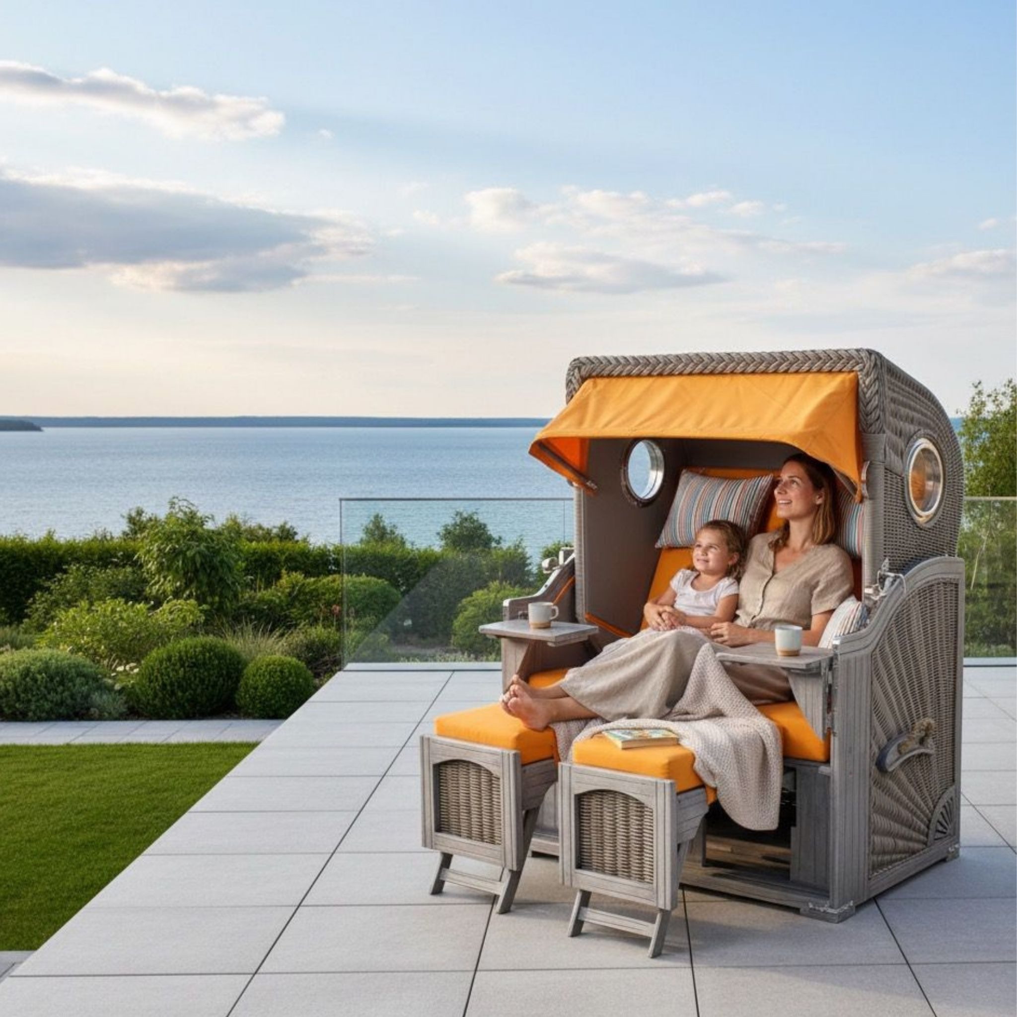 MR.DEKO Strandkorb 2-Sitzer Düne Koboo Graues Holz, Volllieger mit Bullauge, BxTxH: 125x80x170 cm, Volllieger, Düne, (Fertig montierter Strandkorb für Garten, Terrasse & Balkon), Wetterfester Volllieger mit Edelstahlbeschlägen & waschbaren Polstern