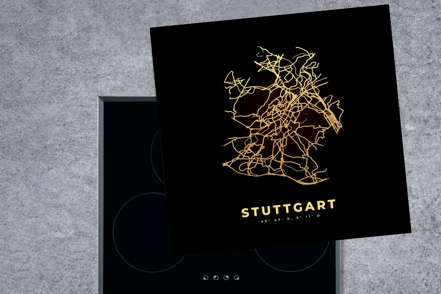 - - MuchoWow Vinyl, (1 küche Arbeitsplatte tlg), - Karte Ceranfeldabdeckung, Stuttgart für - Gold Herdblende-/Abdeckplatte Stadtplan, Karte 78x78 cm,