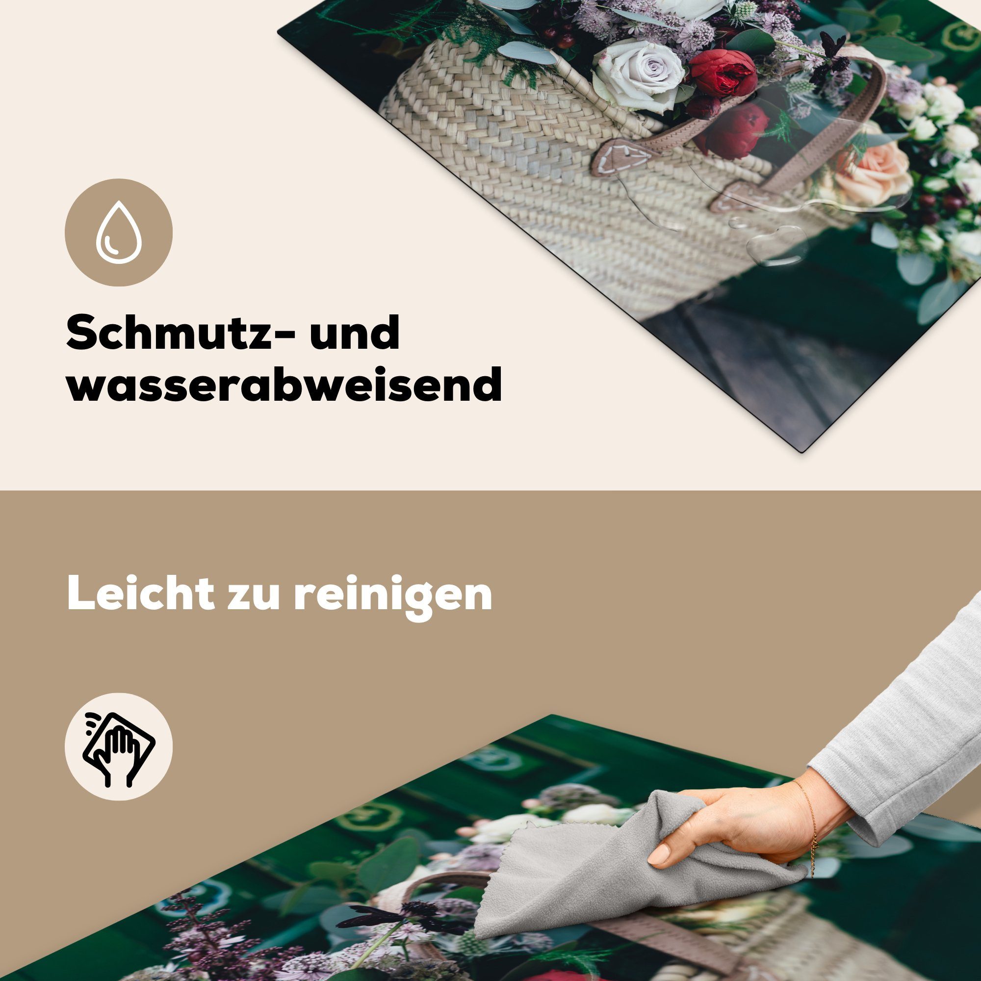 Herdblende-/Abdeckplatte Rosen Schutz MuchoWow für küche, die - cm, Korb, 81x52 Induktionskochfeld Ceranfeldabdeckung - tlg), (1 Blumen Vinyl,