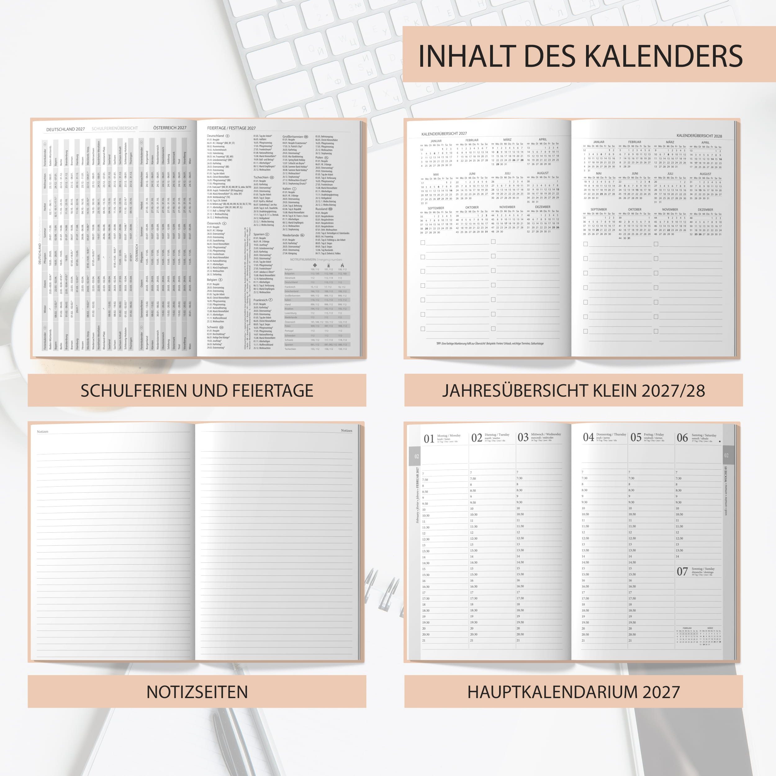 TOBJA Buchkalender Buchkalender 2027 Wochenplaner rosa Aquarell OptiPlaner Rosé FSC, Aquarell-Design altrosa, 30-Min-Taktung, 18,5x26 cm, FSC, 4-sprachig – Bild 4 von 5