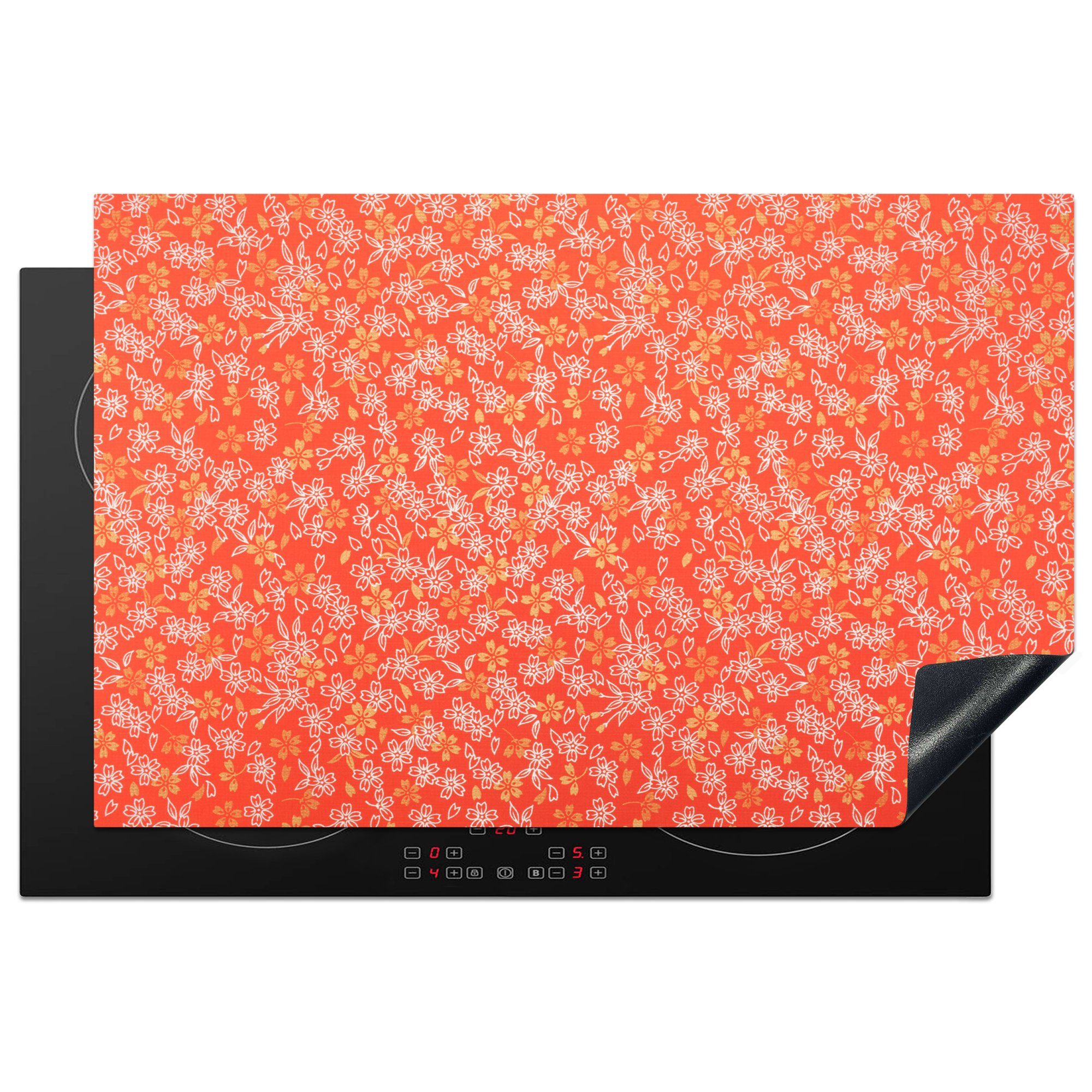 MuchoWow Herdblende-/Abdeckplatte Ein orange-weißes Blumendesign, Vinyl, (1 tlg), 81x52 cm, Induktionskochfeld Schutz für die küche, Ceranfeldabdeckung