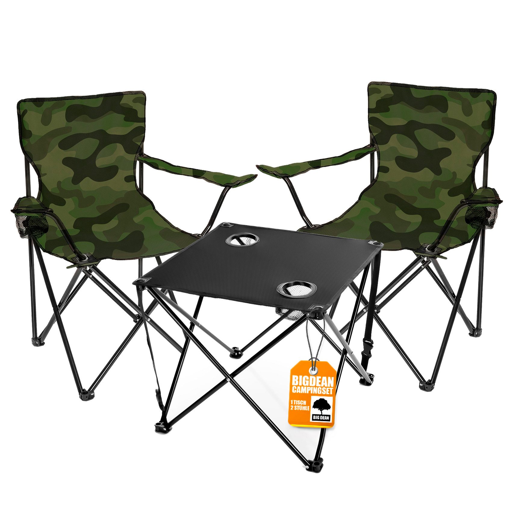 BigDean Campingtisch mit Stühlen camouflage - Camping Tisch Stuhl Set Camping Stühle (Set, 1-St., 2 Stühle mit Tisch), Angel, Festival, Outdoor, Pflegeleicht
