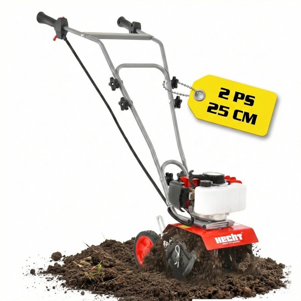 Hecht Benzinmotorhacke Gartenfräse 2 PS 9000 U/min 51,7cm³ Gartenhacke Motorfräse, 25 cm Arbeitsbreite, 19,5 cm Arbeitstiefe