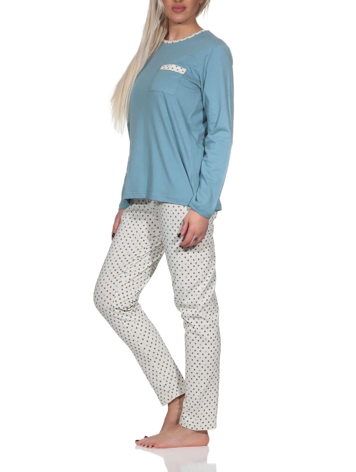 Normann Pyjama Normann Damen Schlafanzug lang mit Pyjamahose in Tupfen Punkte Optik