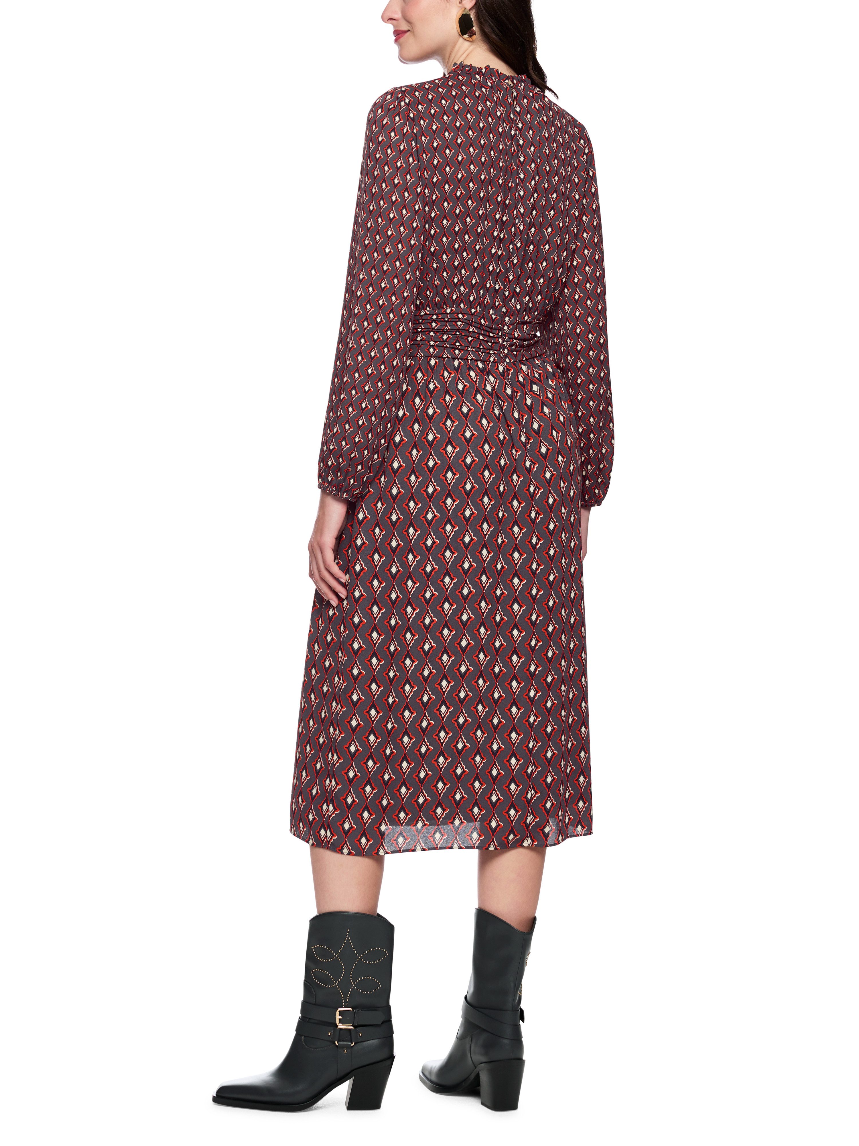 Marc Cain Midikleid Prairie Muse Premium Damenmode bedruckt, Rüschen am Ausschnitt, tailliert