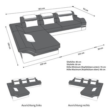 Sofa Dreams Ecksofa Couch Leder Sofa Monza L Form Ledersofa, Couch, mit LED, wahlweise mit Bettfunktion als Schlafsofa, Designersofa