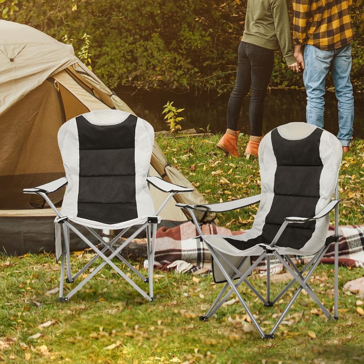 Mondeer Campingstuhl (2er Set), mit Getränkehaltern und Seitentasche bis 120kg Hellgrau