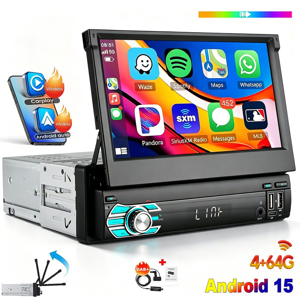 ESSGOO DAB+ 4+64G 1 DIN 7 Zoll Flip Out Android 15 Carplay Autoradio GPS WIFI Autoradio (Apple Carplay Android Auto GPS Navi WIFI BT EQ)