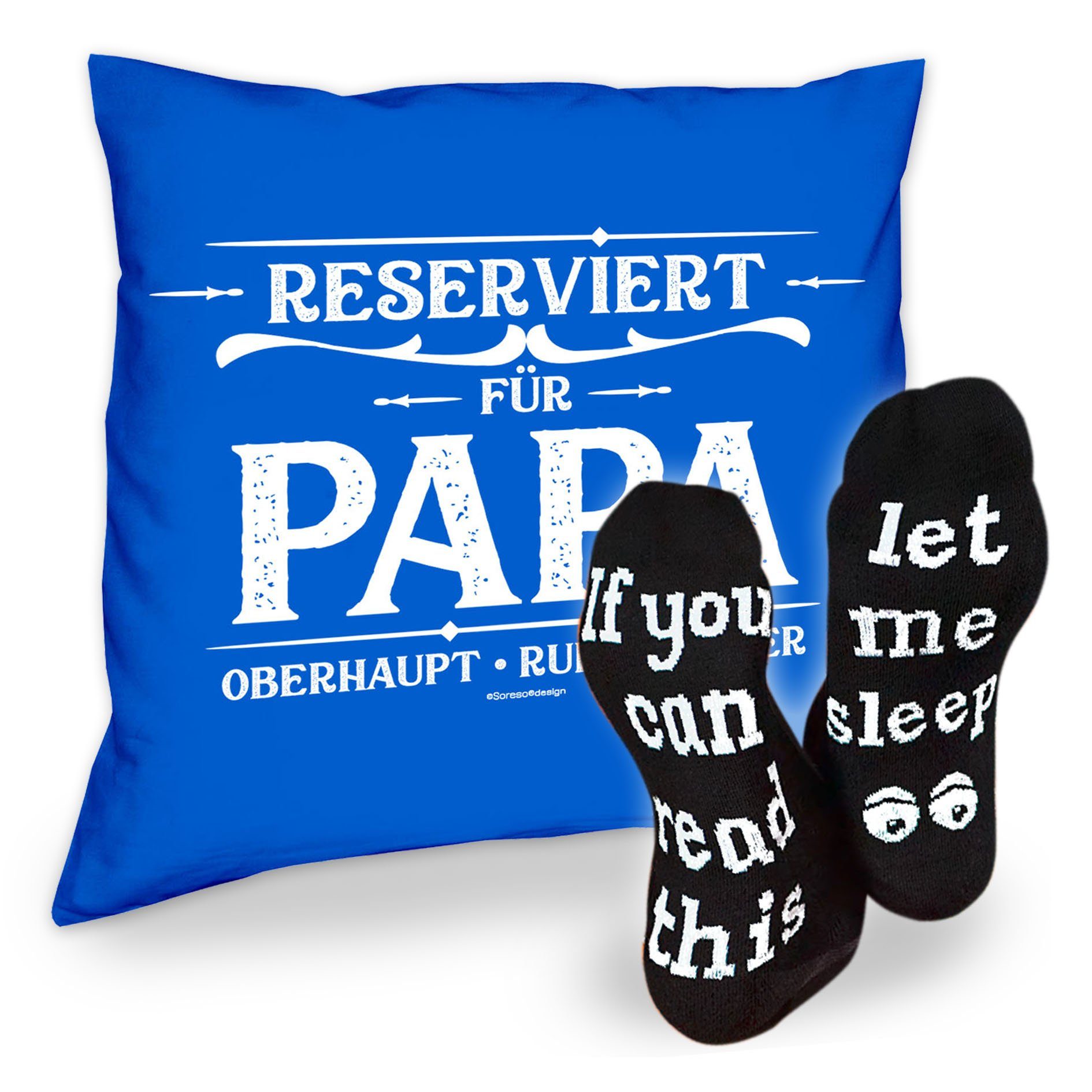 Soreso® Dekokissen Kissen Reserviert für Papa & Sprüche Socken Sleep, Geschenkidee Weihnachtsgeschenk royal-blau