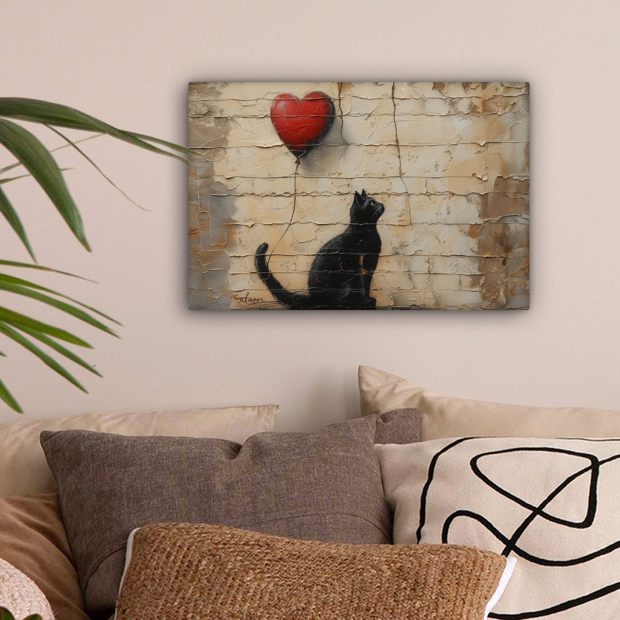 OneMillionCanvasses® Leinwandbild Katze - Graffiti - Luftballon - Straßenku günstig online kaufen