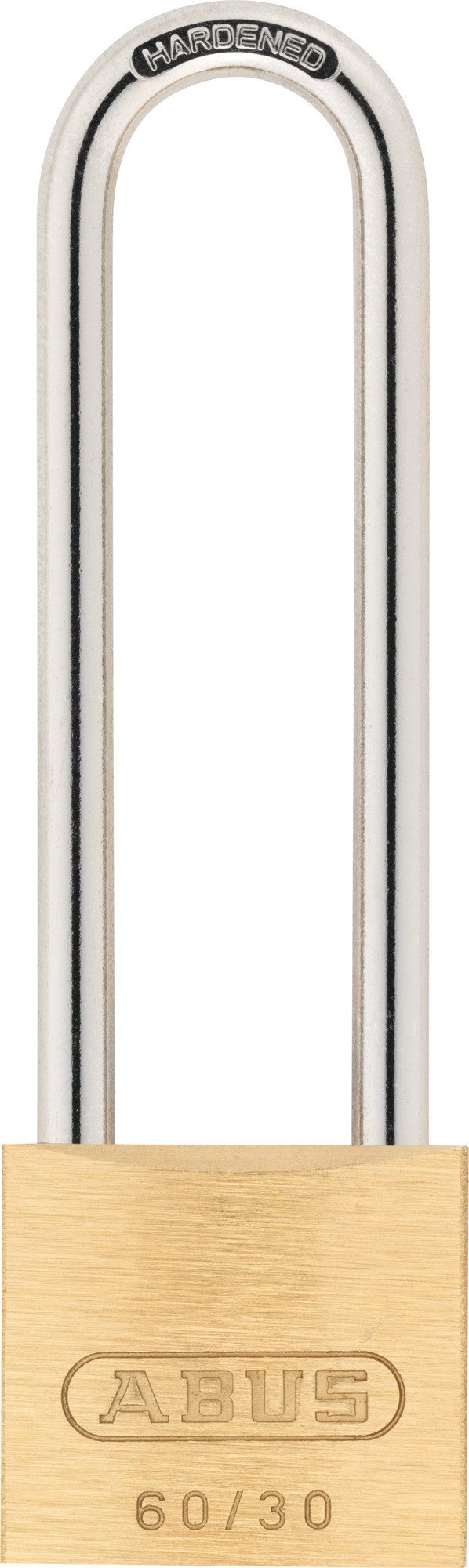 ABUS Vorhängeschloss Vorhängeschloss Messing 60/30HB65vs. langer Bügel, Korrosionsbeständig, Schlosskörper: massives Messing, Bügel: gehärteter legierter Stahl