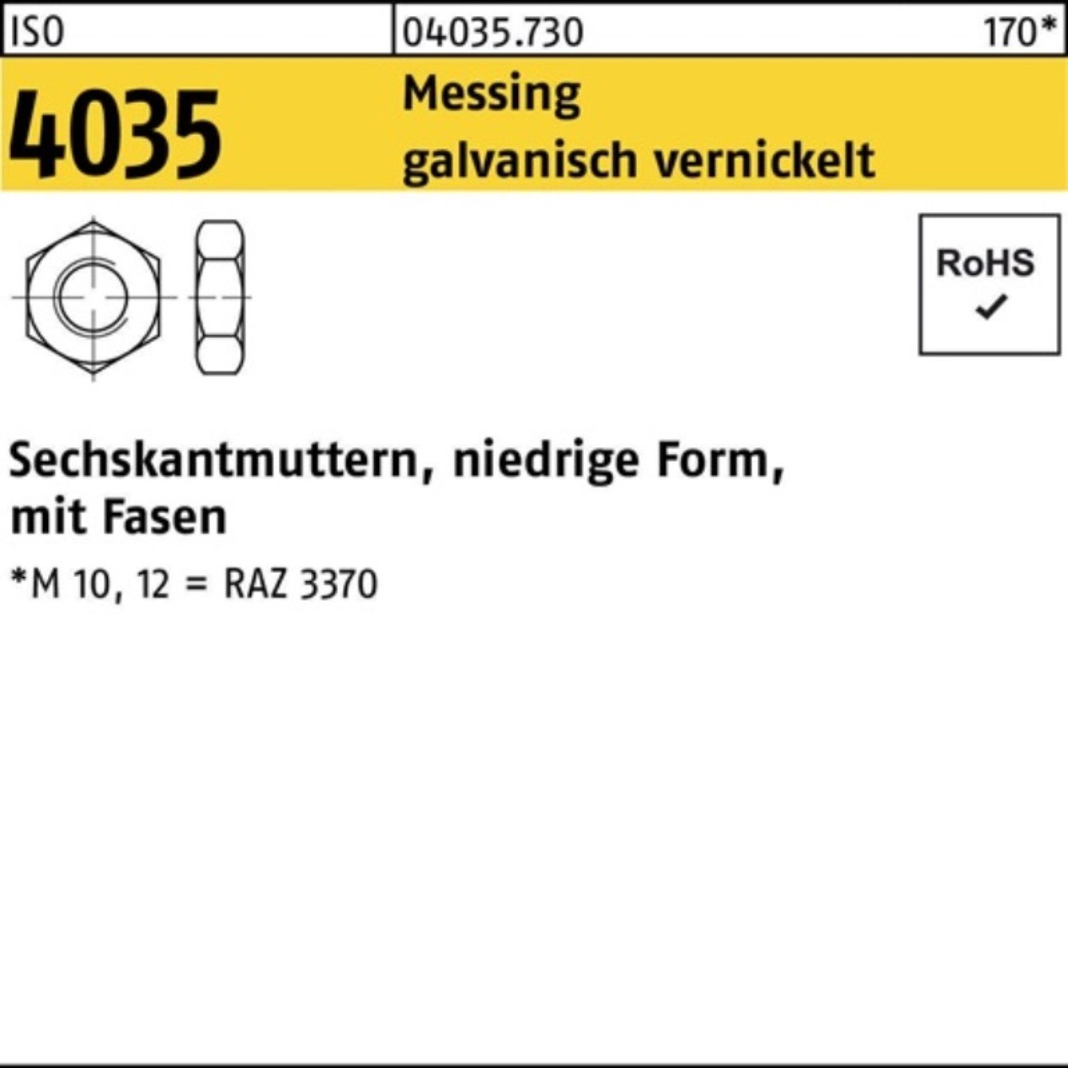 Pack Reyher Messing Sechskantmutter M10 100er ve Fasen Muttern 4035 niedrig ISO galv.