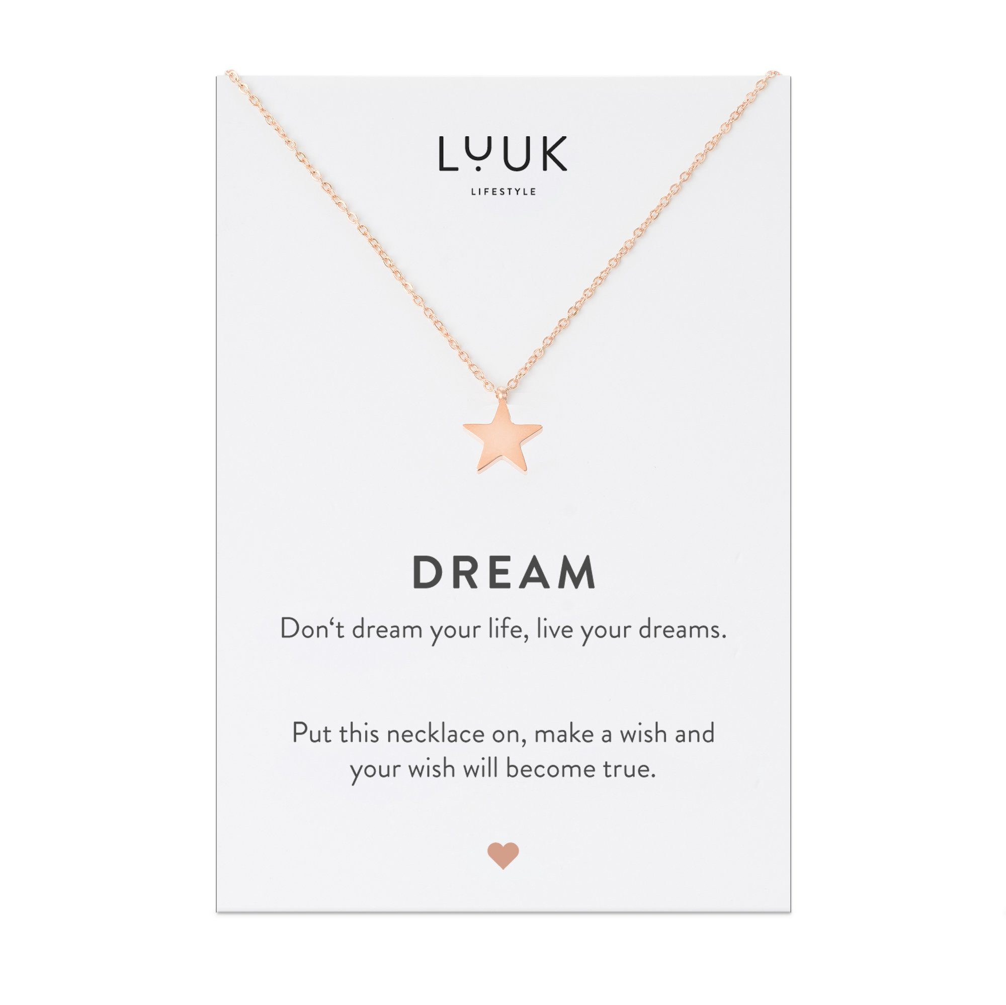 LUUK LIFESTYLE Kette mit Anhänger Stern, mit Dream Spruchkarte als Geschenk zu Weihnachten oder Geburtstag