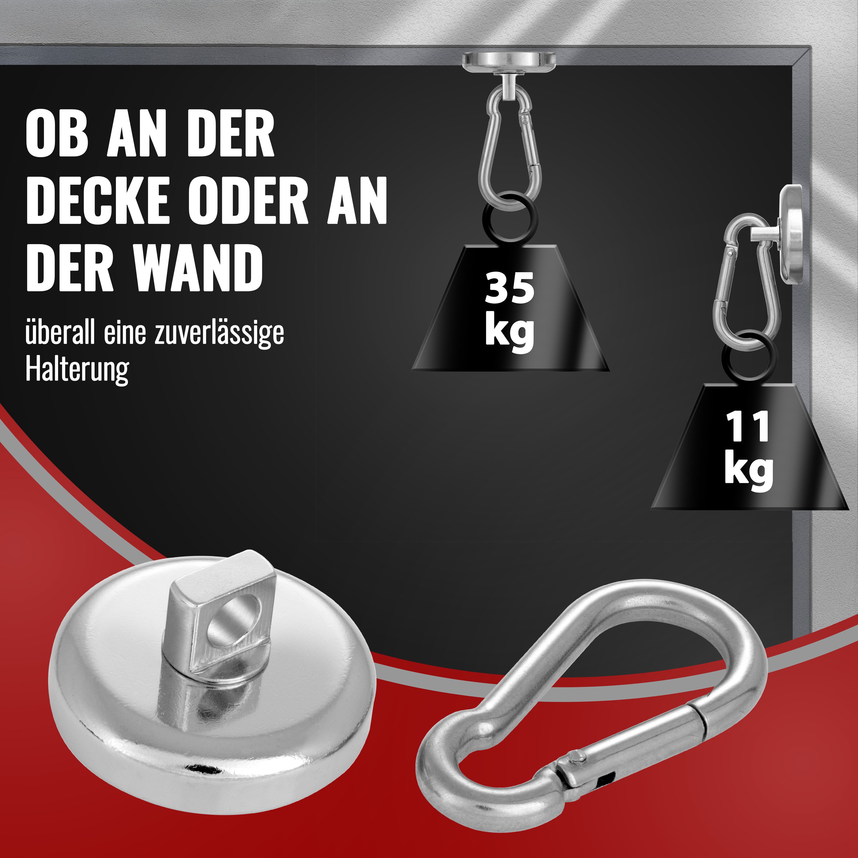 Poppstar Wandhaken Magnet-Karabiner stark, für Wand oder Decke, (2-St), Neodym Haken-Magnete mit drehbarem, abnehmbarem Karabiner – Bild 3 von 5