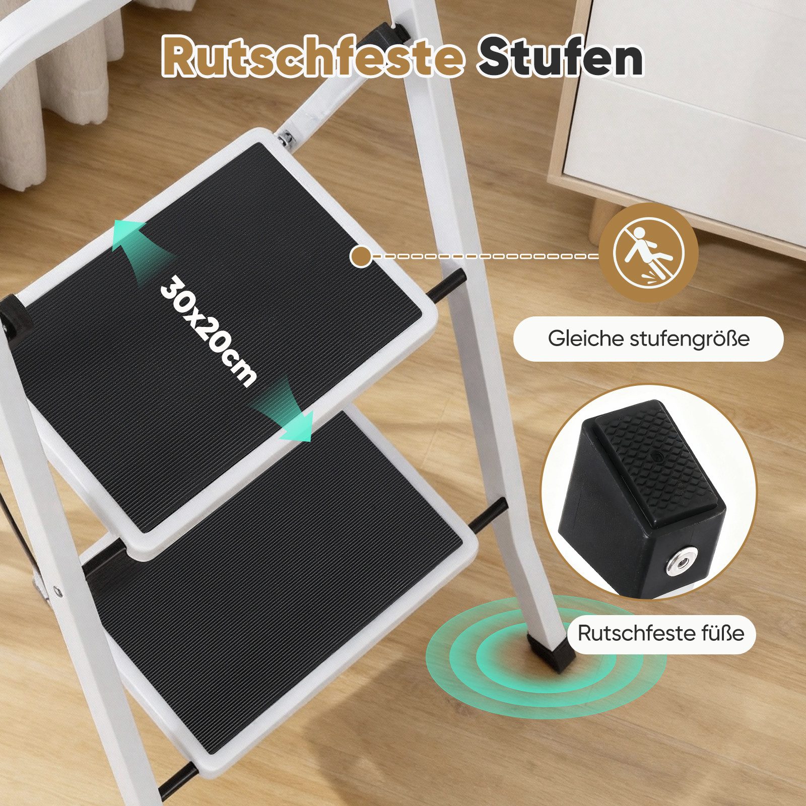 Sekey Trittleiter klappleiter 2 stufen / 3 stufen, bis 150 kg belastbar, Haushaltsleiter 2 stufen mit rutschfesten Stufen, Lock-Klappsperre