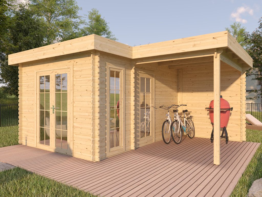 Woodtex Gartenhaus WOODTEX Gartenhaus mit Anbau 596×298 cm 28 mm, BxT: 596x298 cm, Blockbohlenhaus mit Fußboden, robustes Gerätehaus für den Garten