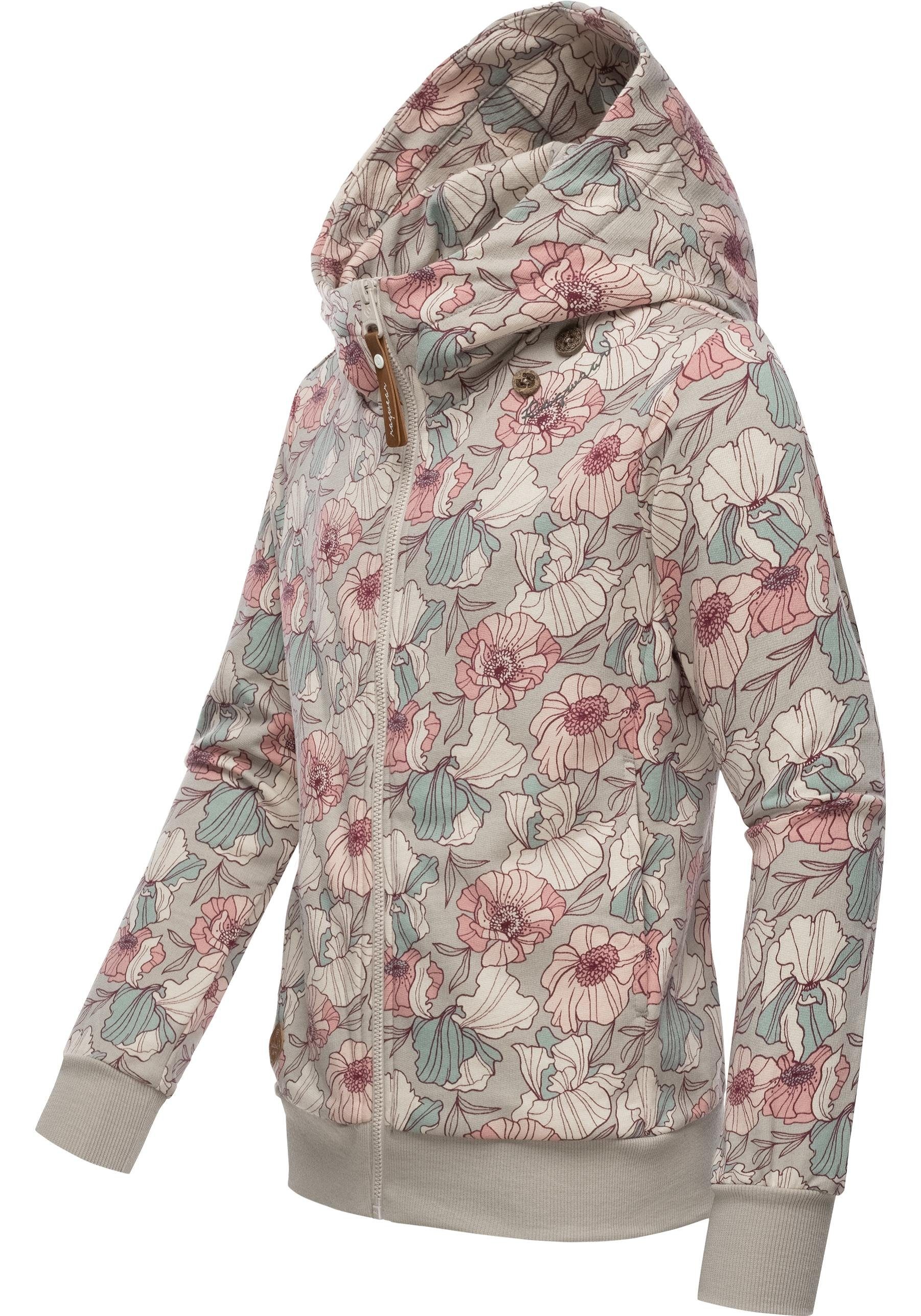 Ragwear Kapuzensweatjacke Agneska Freesia beige Blumenmuster Zip-Jacke Stylische mit Mädchen