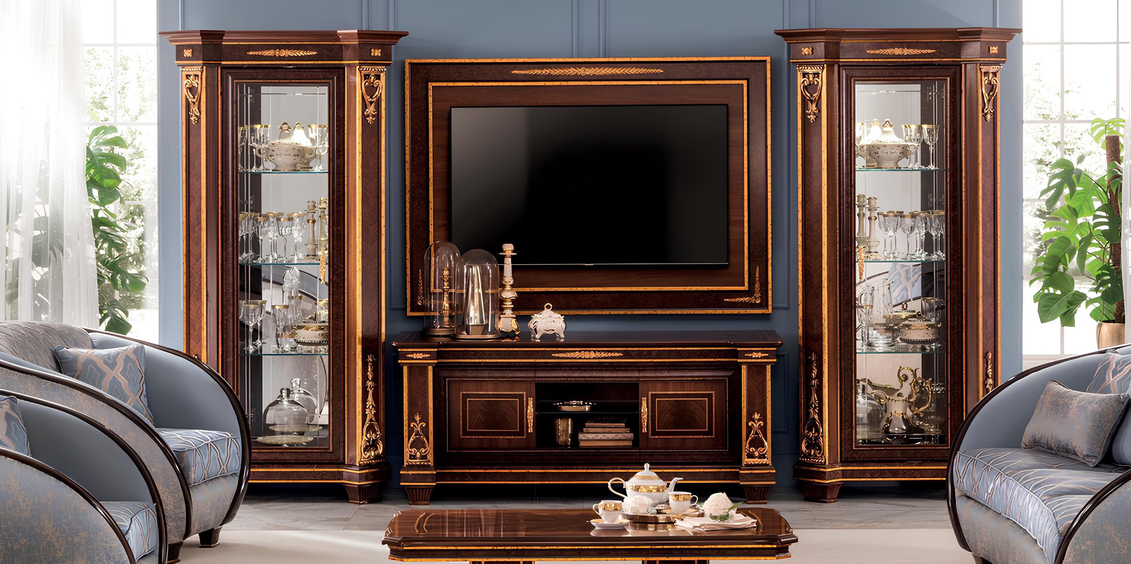 Xlmoebel TV-Schrank Wohnwand Vitrine Schrank im Rokoko Barock Design arredoclassic™ Made in Europa