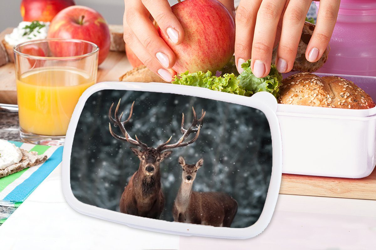 MuchoWow Lunchbox Hirsche - Tiere - weiß - Kinder (2-tlg), für für Geweih Mädchen Brotdose, Brotbox Winter und Schnee - - Erwachsene, und Jungs Kunststoff, Natur