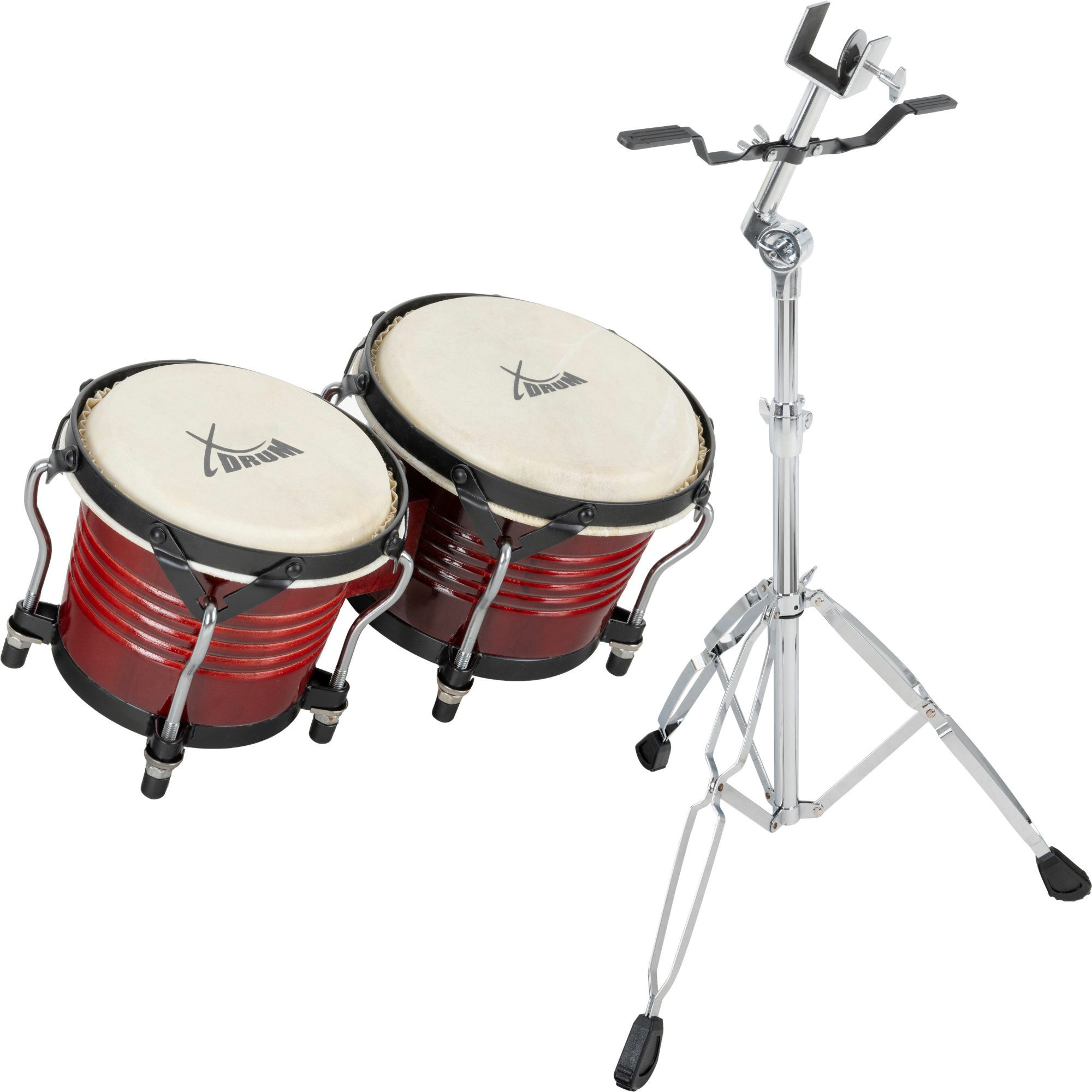 XDrum Bongo Pro - 6,5" Macho und 7,5" Hembra,Spar-Set, inkl. Ständer, mit stimmbaren Naturfellen - Holz: Birke