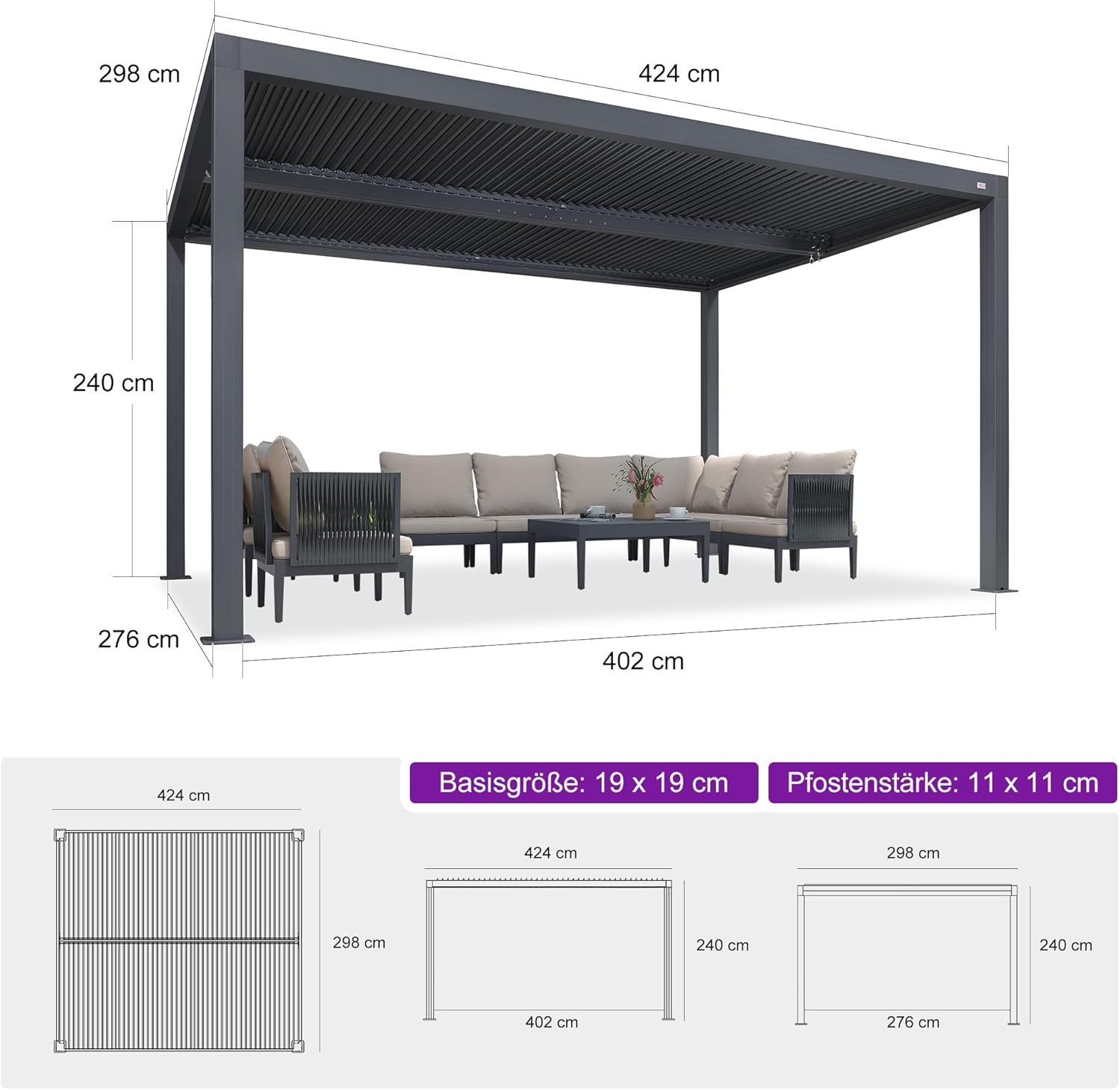 PURPLE LEAF Pergola Terrassenüberdachung mit Sonnenrollo, Gartenpavillon mit Lamellendach, (Komplettset, 1 Pergola + 1 Seitenrollo für die Schmalseite), Lamellendach verstellbar; inkl. Seitenrollo