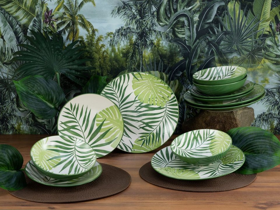 CreaTable Teller-Set Tropicana Grün (12-tlg), 4 Personen, Steinzeug,  vollflächiger tropischer Blätter Dekor in coolem Green Mix
