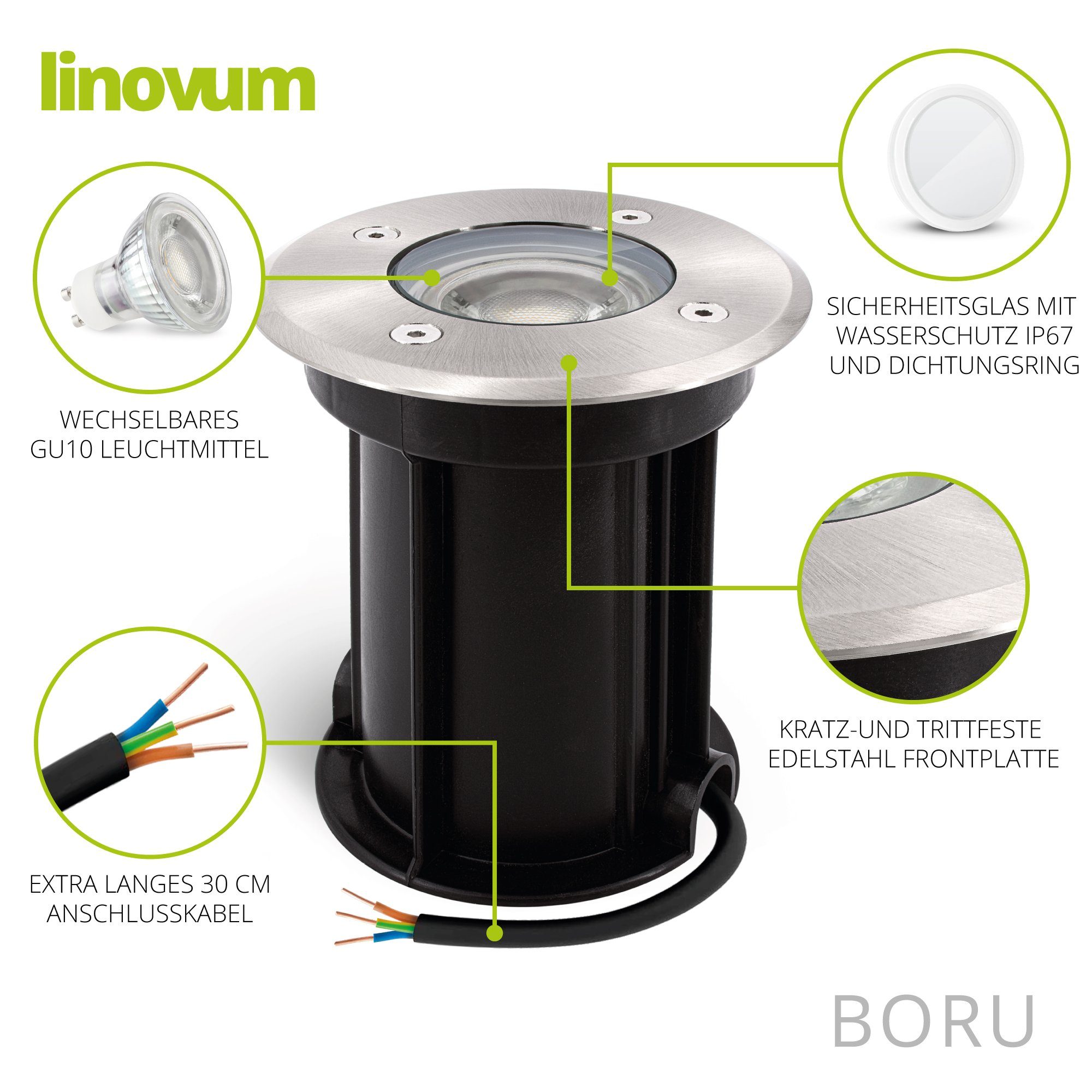 linovum LED Außen-Wandleuchte 4er Set - 6W Bodeneinbaustrahler LED Leuchtmittel Leuchtmittel BORU warmweiss Spot, inklusive inklusive, GU10