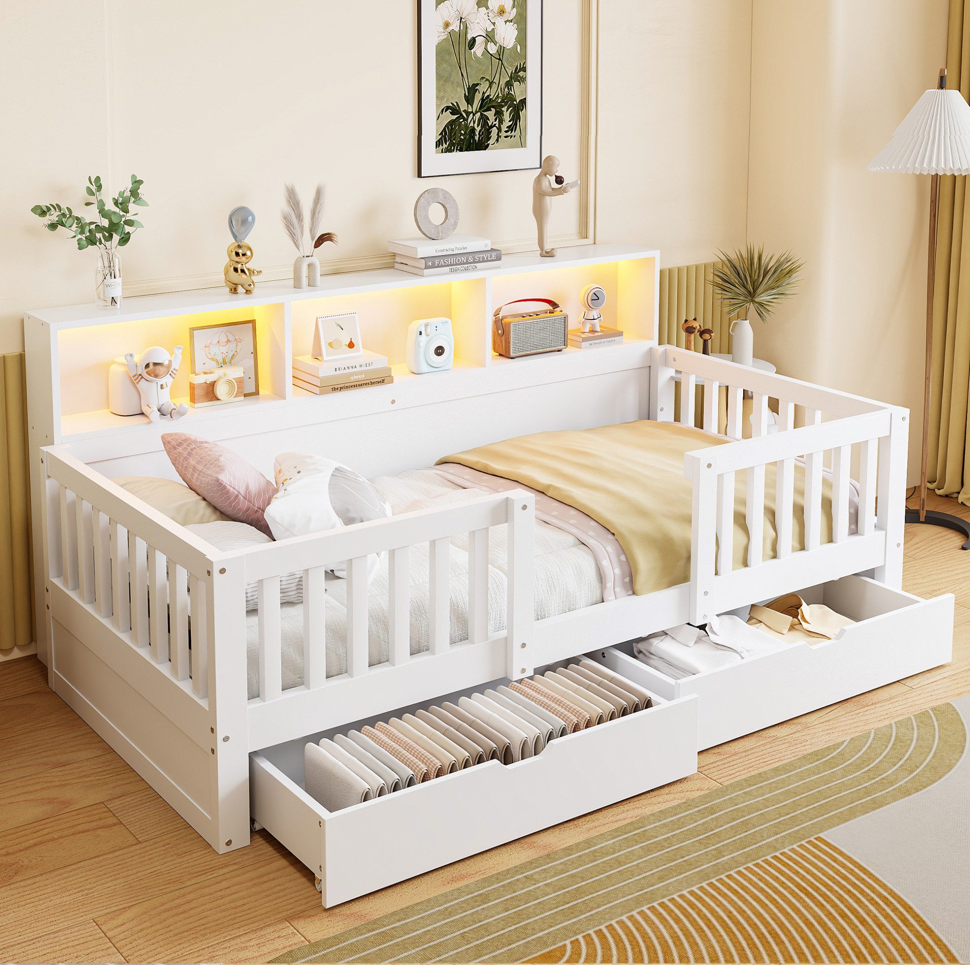 MODFU Kinderbett Jugendbett mit hoher Rückenlehne, Stauraumbett (90x200 cm, integrierter LED-Beleuchtung, Schubladen und Regalfächern), Kinderbett Holzbett, ohne Matratze