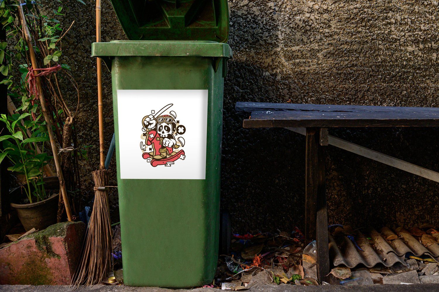 St), Totenkopf Vintage - Mülltonne, (1 MuchoWow Wandsticker Abfalbehälter Sticker, - Container, Schaukelpferd Mülleimer-aufkleber,