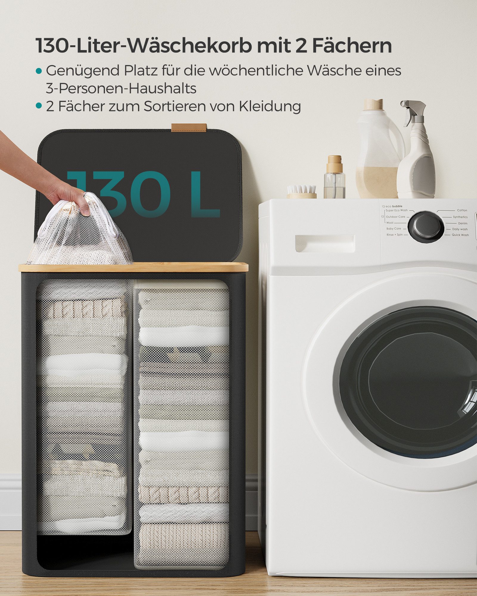 SONGMICS Wäschekorb mit Deckel, herausnehmbarer Wäschesack, Griffe aus Bambus, mit Deckel, 2 Fächern, 130 L, herausnehmbarer, Griffe aus Bambus