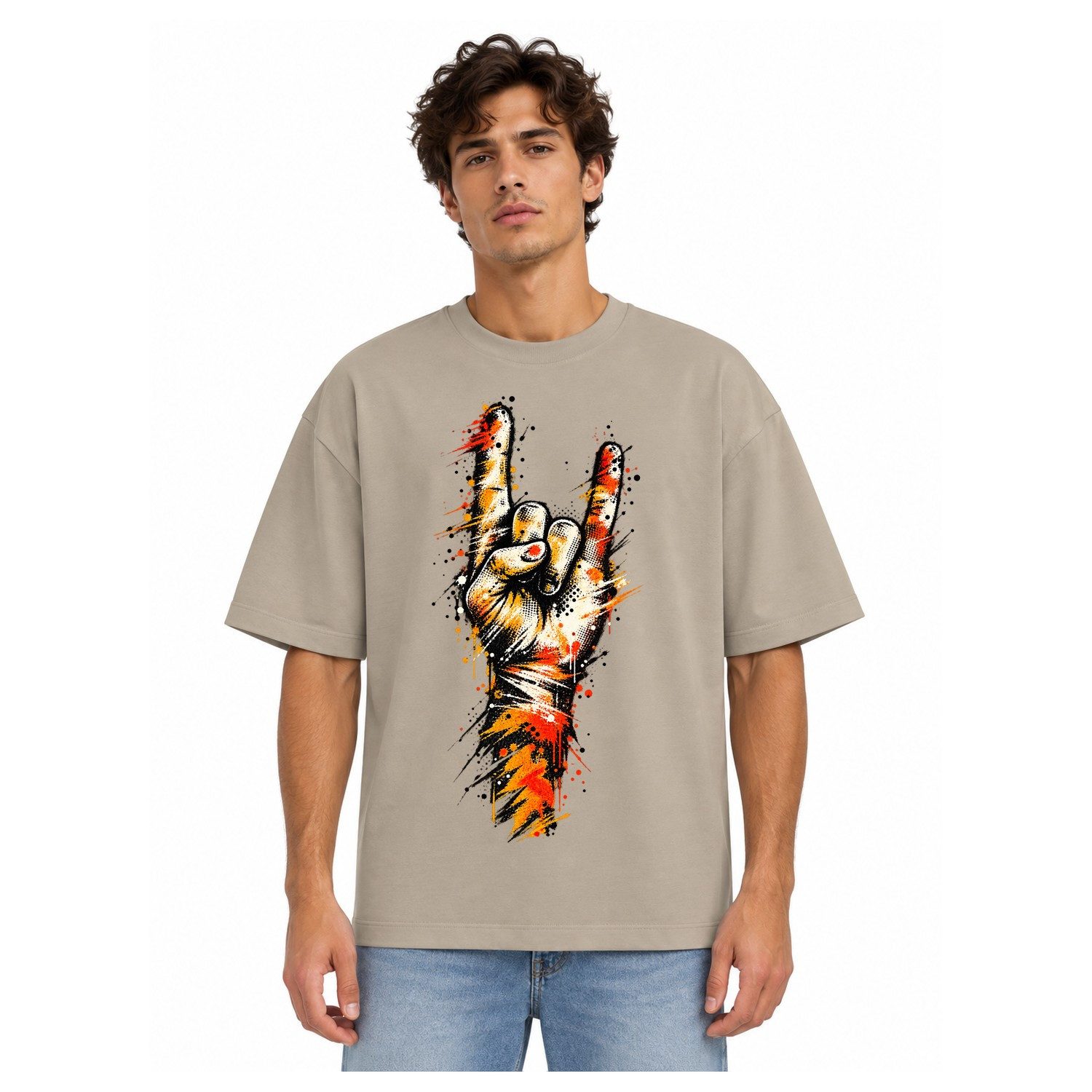 Blondie & Brownie T-Shirt RockOn Herren Oversize T Shirt Rock Handzeichen mit Frontprint (Einzelartikel) Rockerfaust Urban Grafik