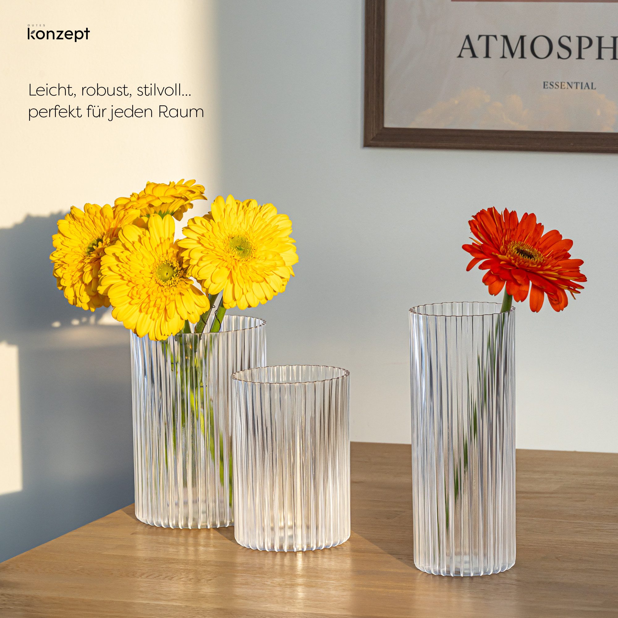 KONZEPT Dekovase 3er Set aus Kunststoff (12,3x17,8/10,3x14,8/8,8x21,7 cm), Stapelbar. Geriffelte Struktur, Leicht, UV-beständig – Bild 2 von 5
