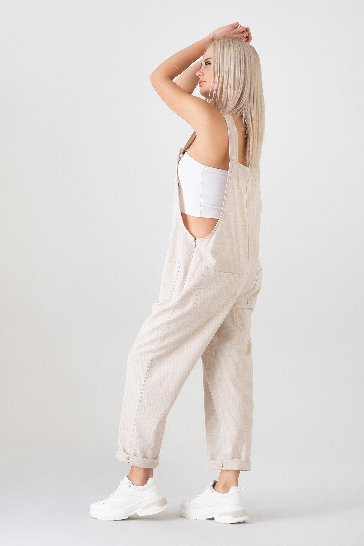 WENOR Latzhose Leinen Jumpsuit mit Taschen, verstellbar, Overall Look, Gr. 34–46 Naturfaser, Träger mit 3-fach Knopfverstellung