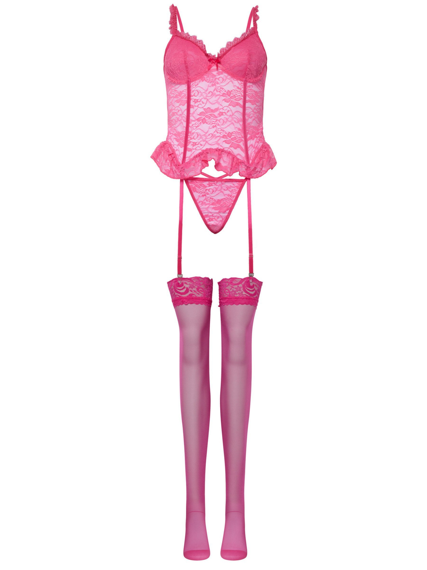 Elegant Love Set: Corsage Spitzen-Dessous Set – Sexy Corsage mit String & Strümpfen (3-tlg., BH, Tanga, Netzstümpfe) Reizwäsche – Stilvolle Lingerie für Damen