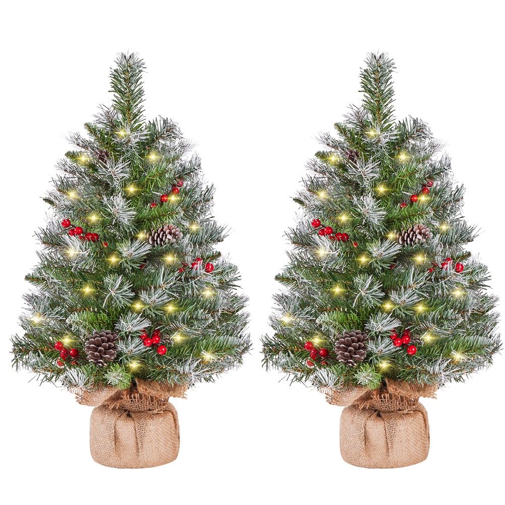 Yaheetech Künstlicher Weihnachtsbaum 61/92 cm (H), 2er-Set Tannenbaum mit Roten Beeren & LED-Lichtern & Tannenzapfen