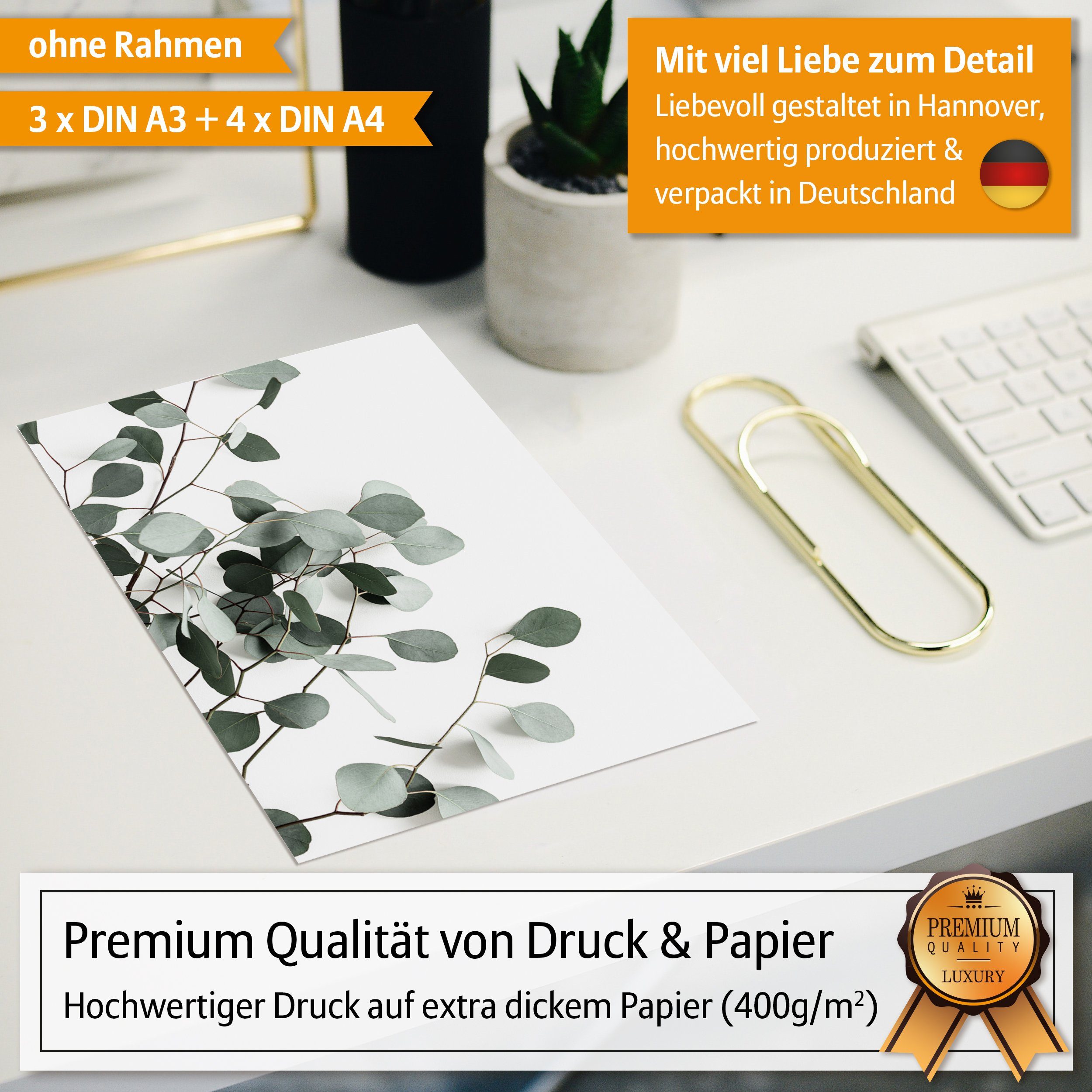 Hyggelig Home Poster Blätter - Premium Poster Set OHNE & MIT Rahmen - Wandbilder Eukalyptus, Pflanzen (Set, 7 St), Collage grün, Love, Qualitätsdruck dickes Papier