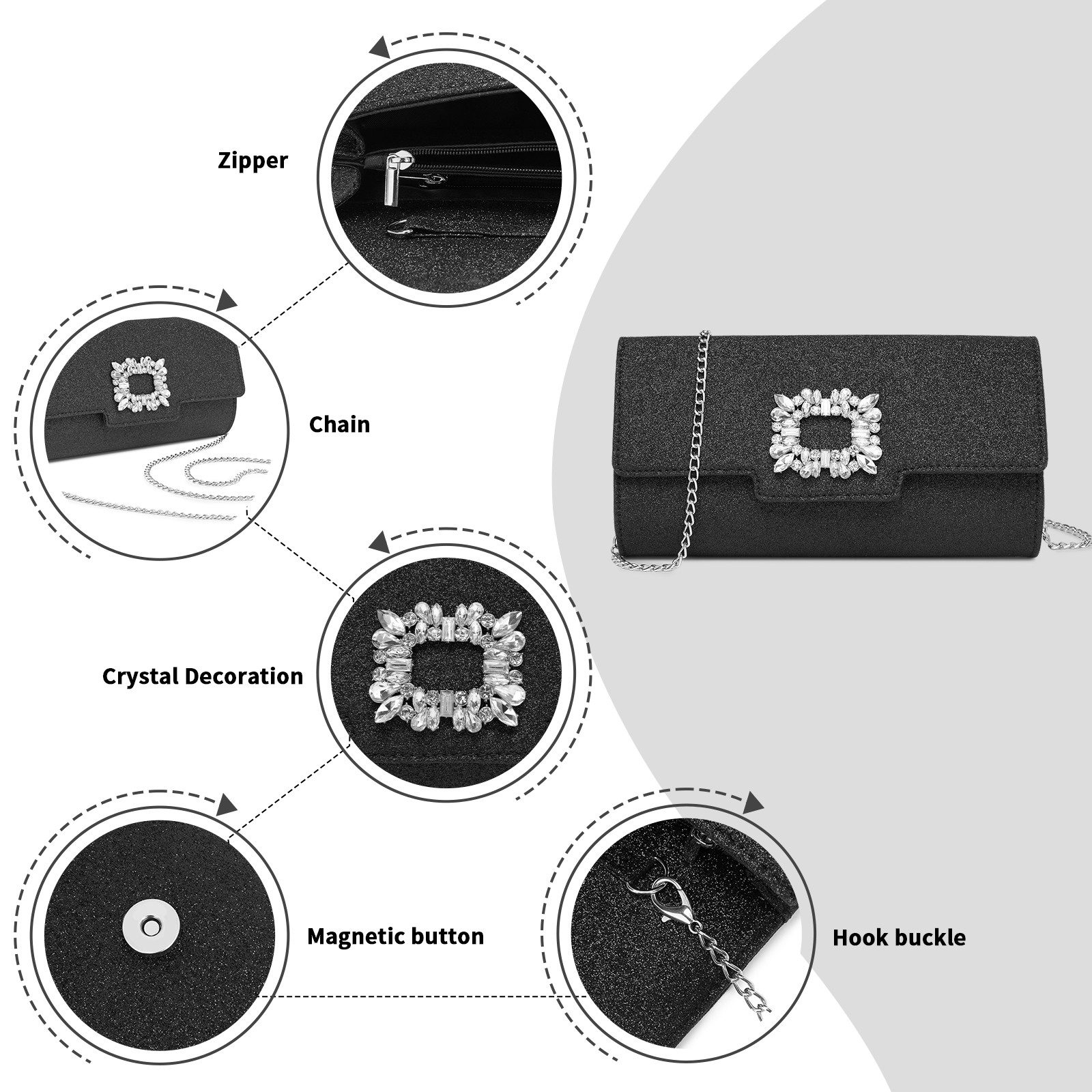 Miss Lulu Clutch Damen, Elegante Abendtasche mit Kette