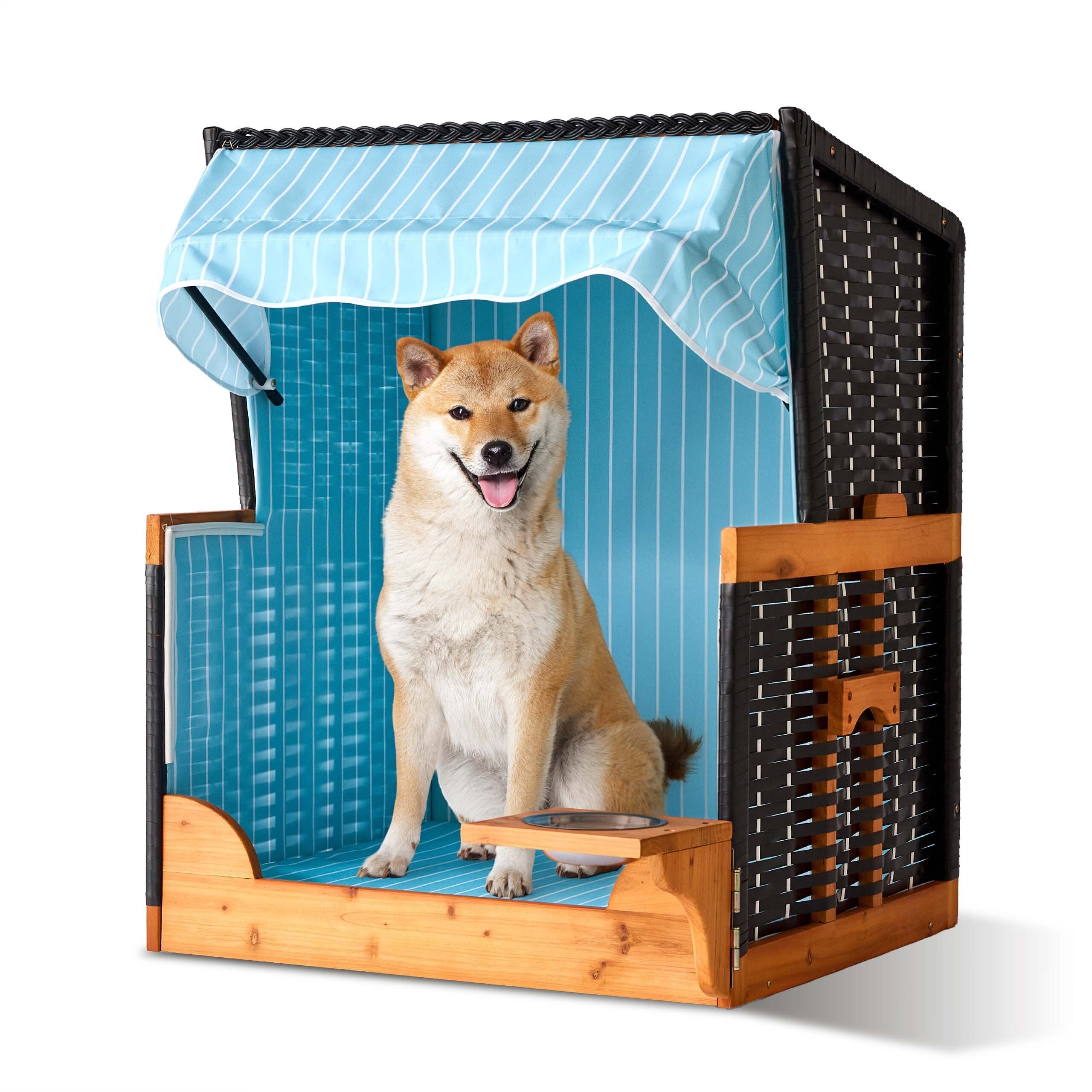 relaxdays Haustierstrandkorb Hundestrandkorb Holz & Rattan inkl. Napf, BxTxH: 75x65x95 cm, Hundestrandkorb, Hundestrandkorb Holz & Rattan inkl. Napf, (2-tlg), B