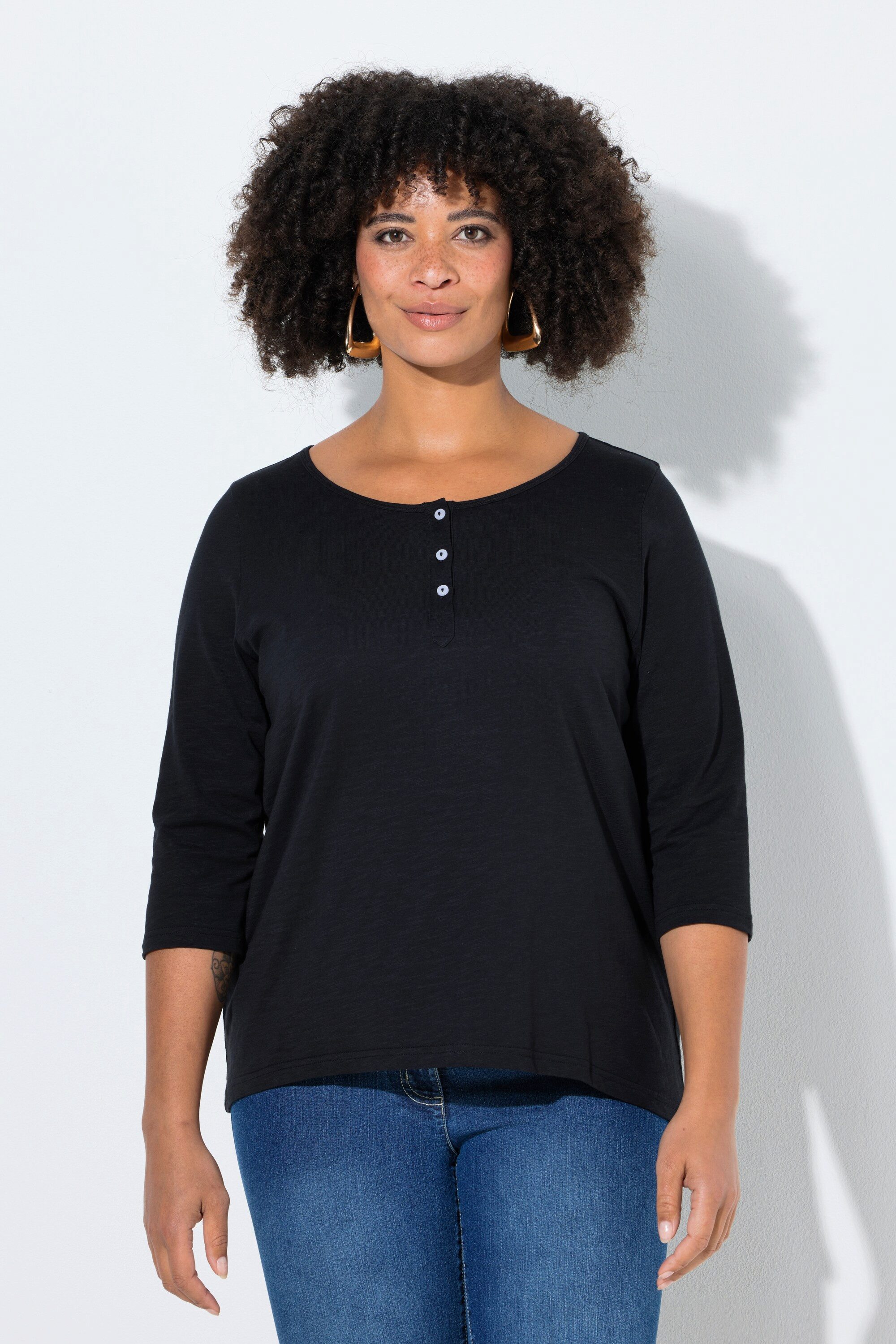 T-Shirt T-Shirt A-Linie Henley Knopfleiste 3/4-Ärmel