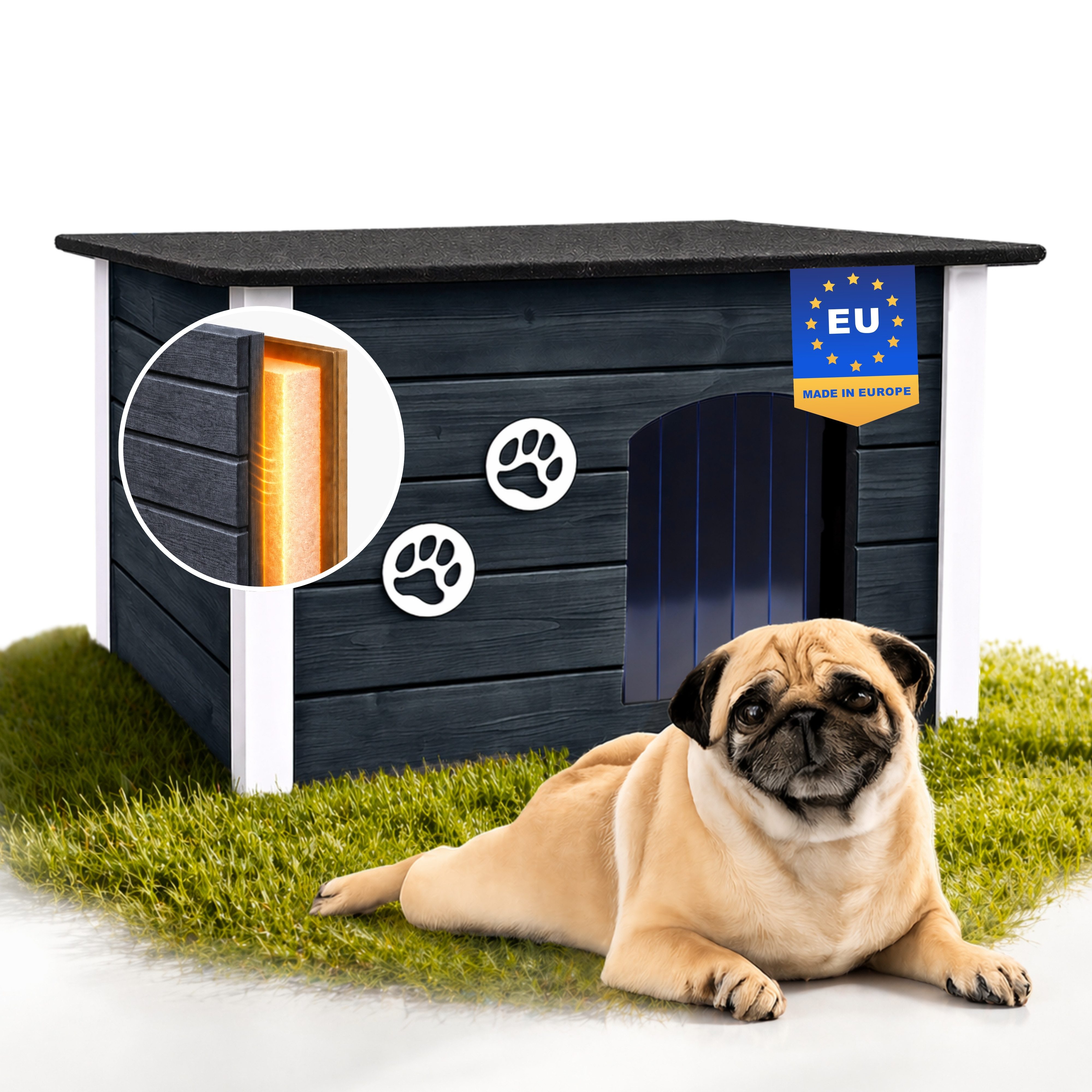 Outentin Hundehütte Holzhaus für Hunde outdoor, isoliert - Flachdach, 4 Farben, L/XL, Isoliert; Flachdach; Aufklappbar; Ungiftige Imprägnierung