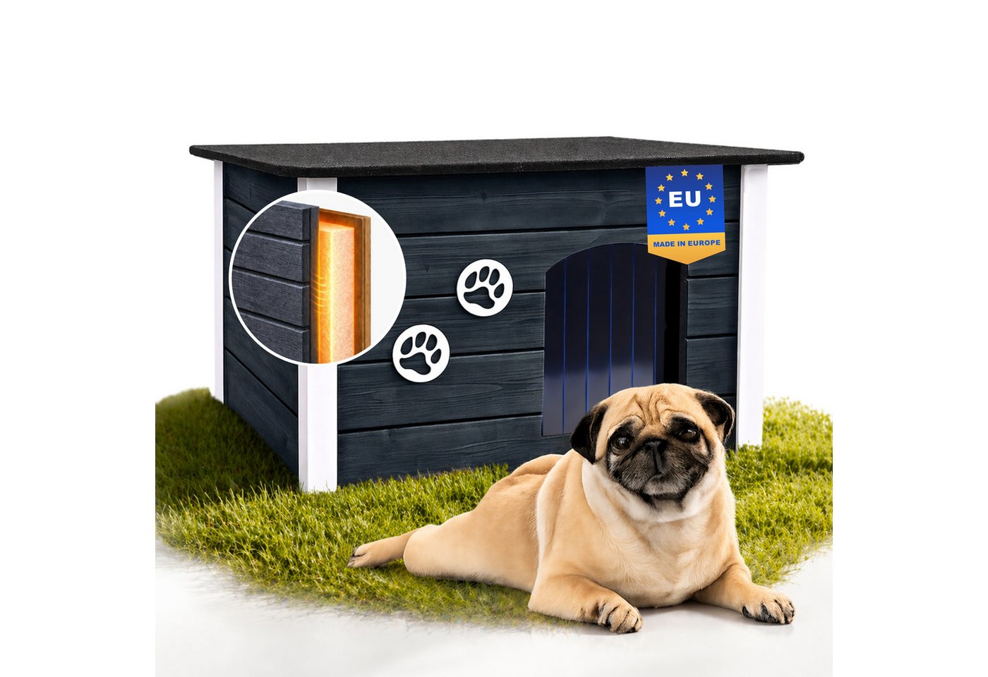 Outentin Hundehütte Holzhaus für Hunde outdoor, isoliert - Flachdach, 4 Farben, L/XL, Isoliert, Flachdach, Aufklappbar, Ungiftige Imprägnierung