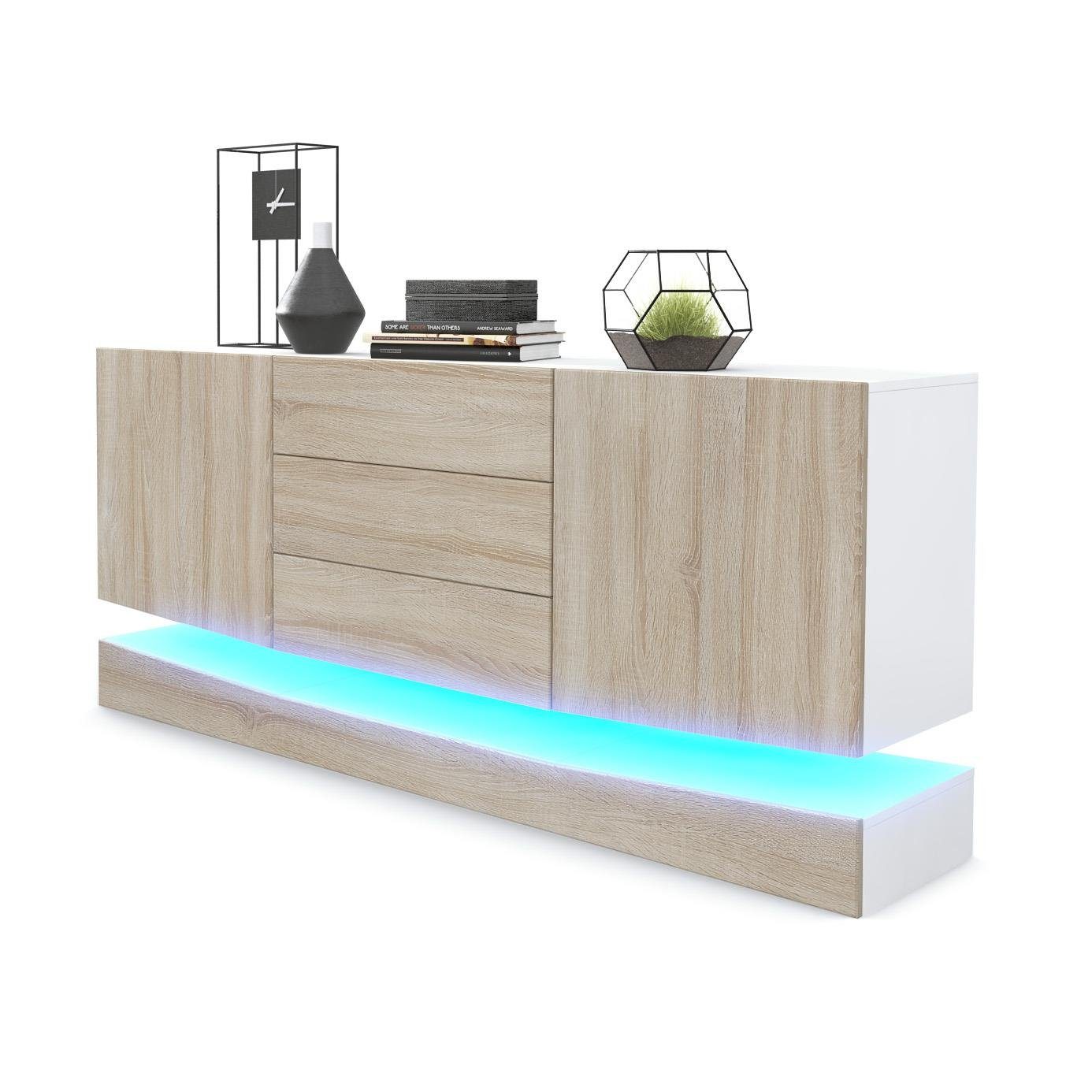 Vladon Sideboard City (Kommode mit 2 Türen, und 3 Schubladen inkl. LED-Beleuchtung), Weiß matt/Eiche sägerau (178 x 72 x 38 cm)