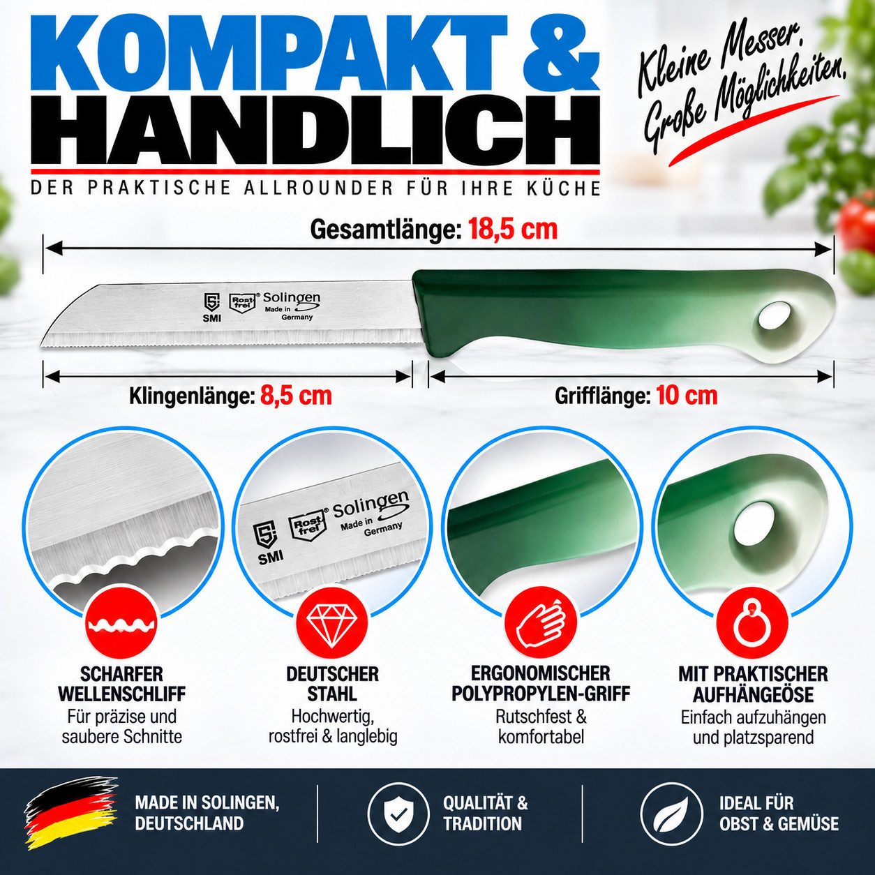 SMI Gemüsemesser 6-tlg Gemüsemesser Set Solingen Schälmesser Obstmesser Küchenmesser, Klinge mit Wellenschliff – Bild 5 von 5