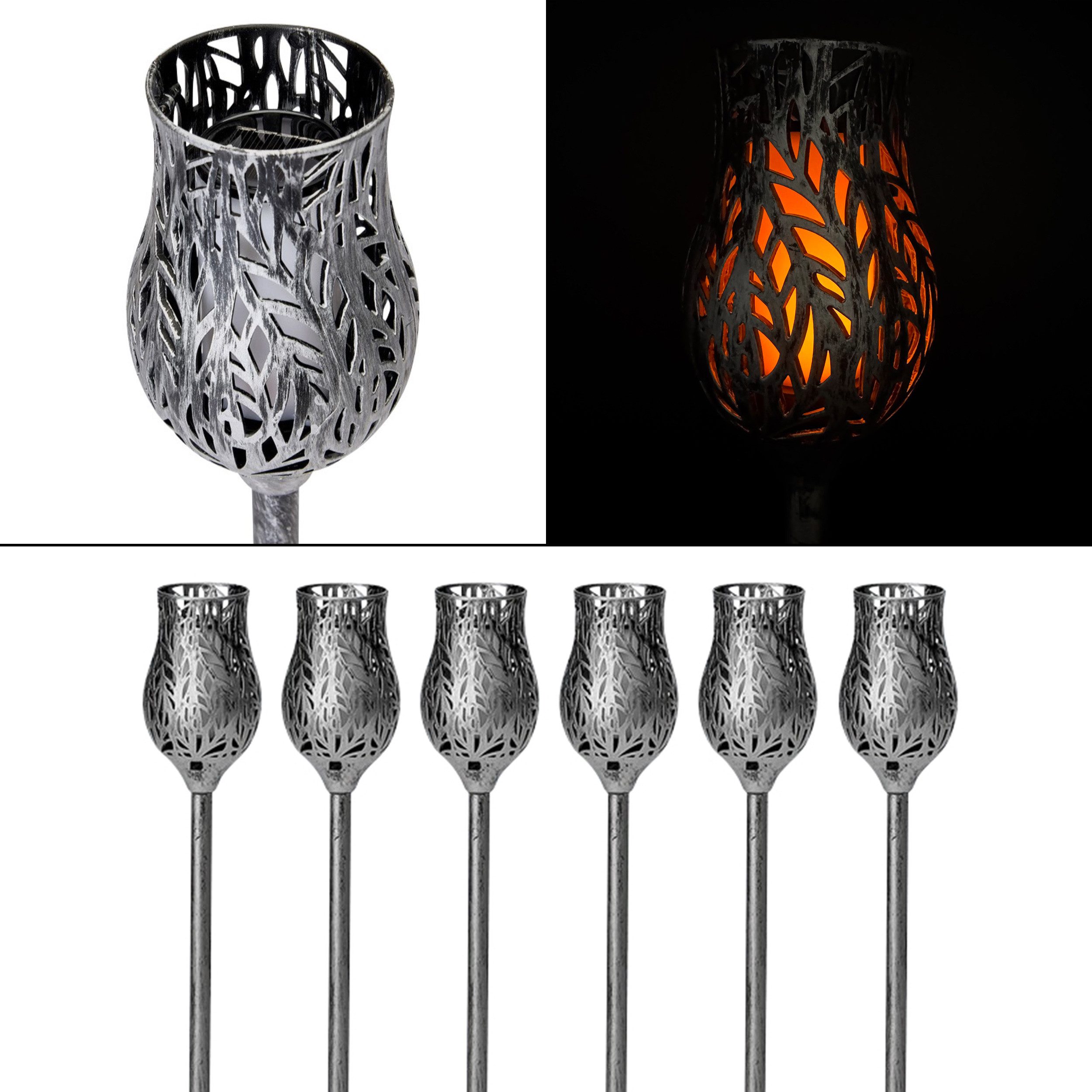 Online-Fuchs LED Solarleuchte für draußen - 6 Fackeln mit Flamme - Solar Lampen als Gartendeko, realistischer Flammeneffekt, gelb/oranger Feuereffekt, aus Kunststoff gefertigt und in Vintage Optik gehalten