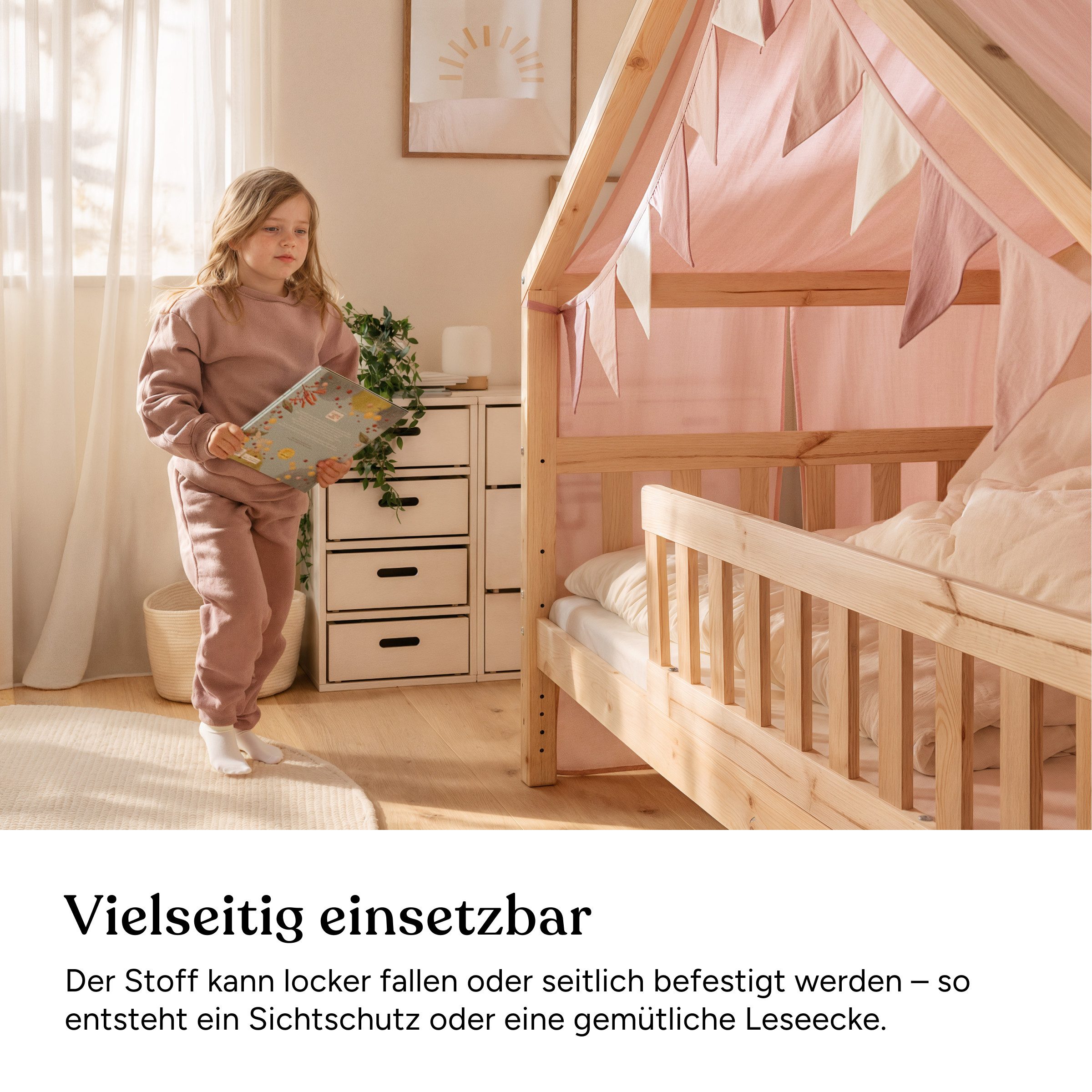 Ehrenkind Betthimmel für Panorama Hausbett Lille mit Wimpelkette (Jade, passend für Panorama Hausbett Lille 90x200), halbtransparenter Stoff mit hoher Luftdurch – Bild 4 von 5