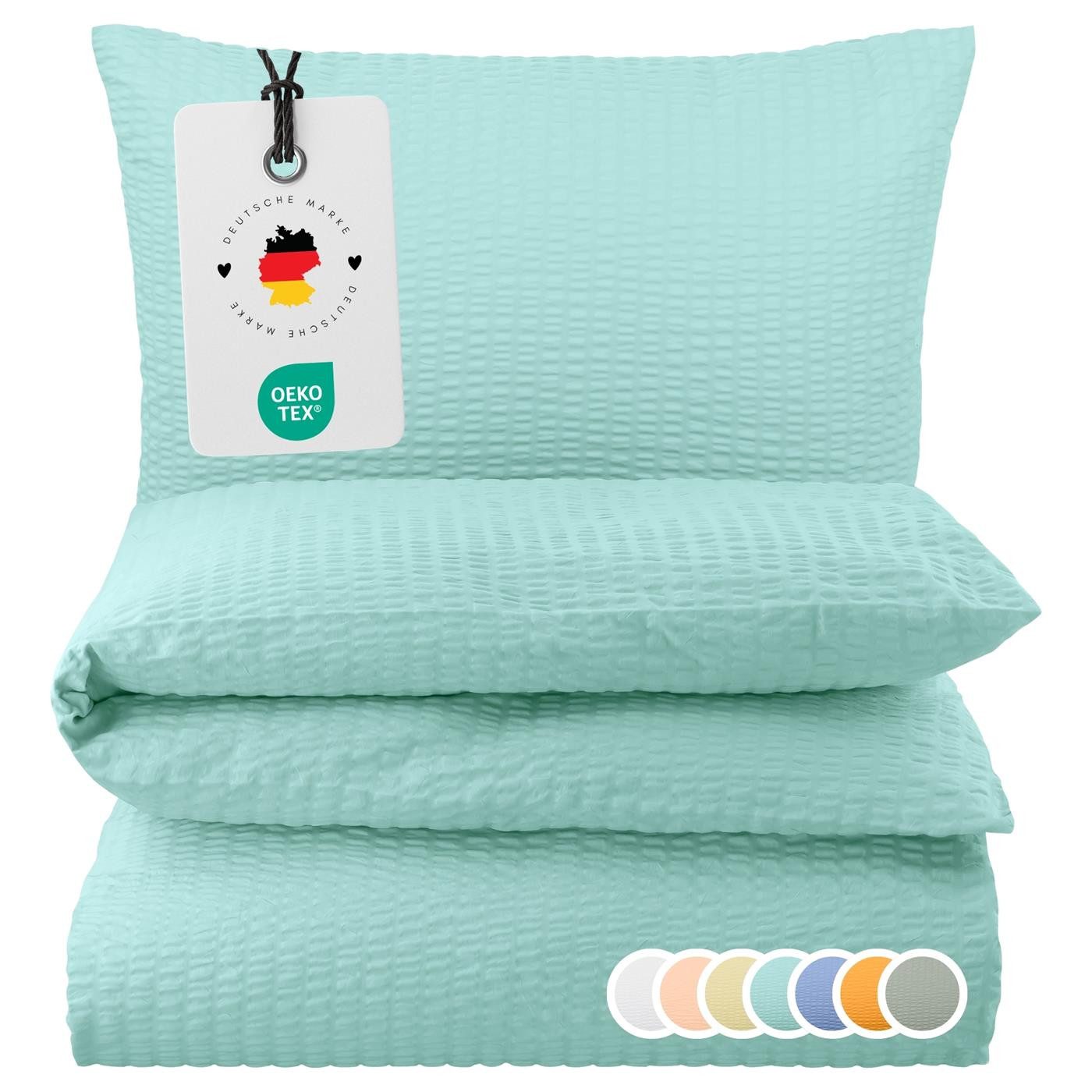 Carpe Sonno Bettwäsche Seersucker 135 x 200 155 x 220 Bügelfrei Sommer Uni 100% Baumwolle, Seersucker, 2 teilig, Leicht kühlender Bettbezug Reißverschluss & OEKO-TEX Mint 155x220