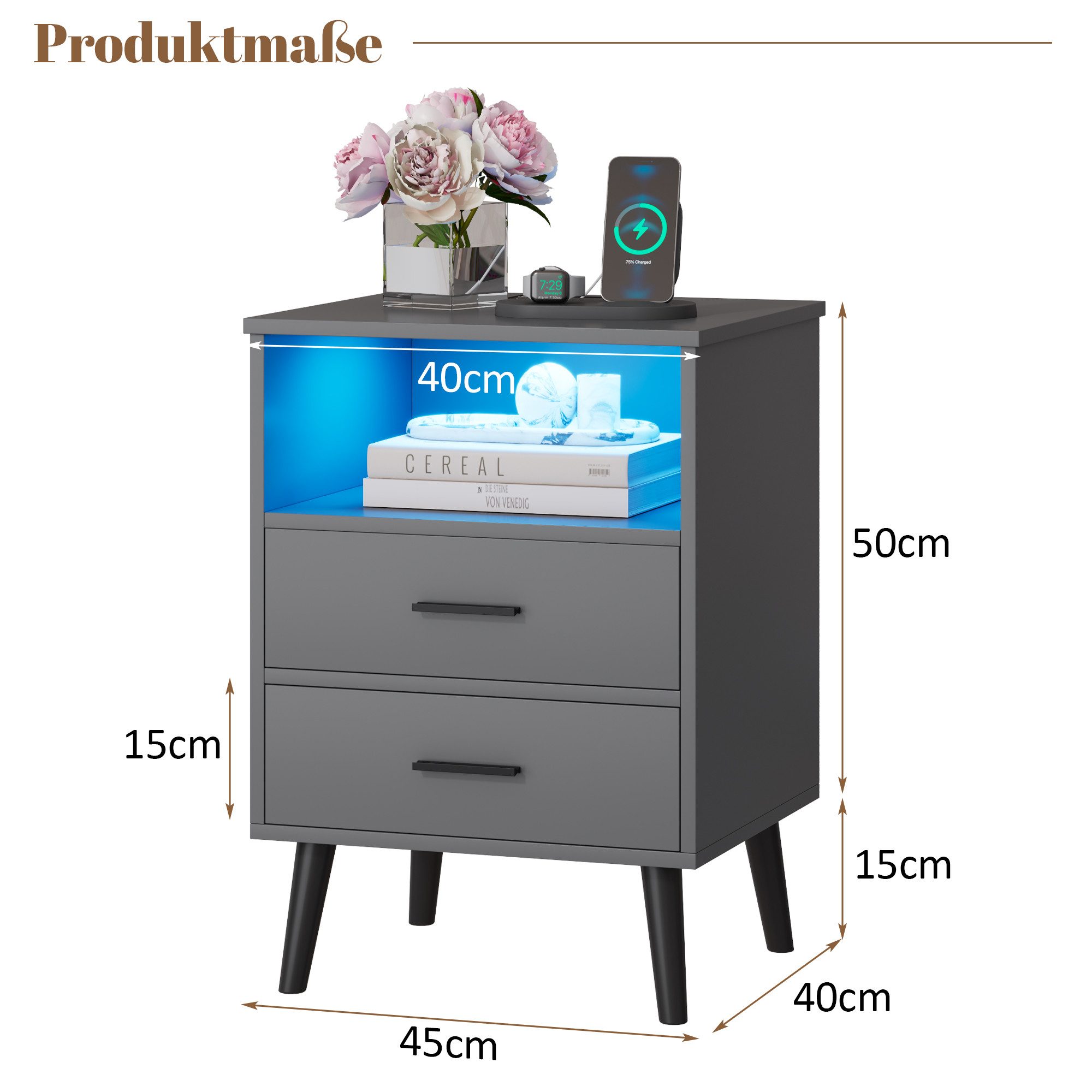 LVSOMT Nachttisch mit Beleuchtung LED und Ladefunktion USB & Type-C (1 Tisc günstig online kaufen