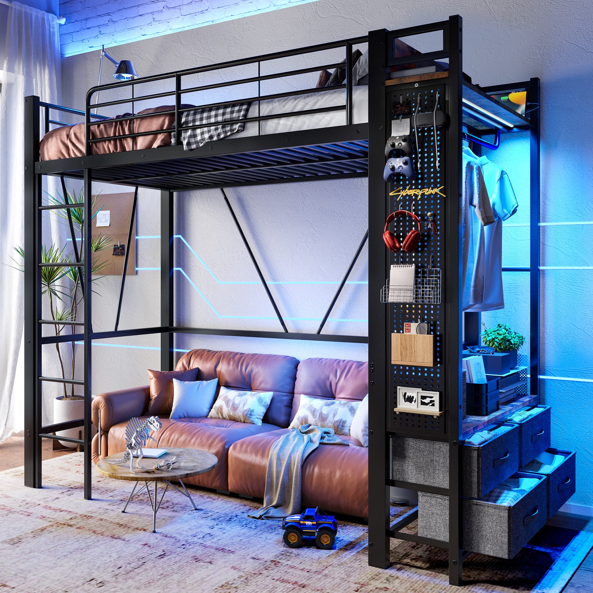 Odikalo Hochbett 90x200 Metallbett mit Schreibtisch & USB (90x200, Eisenrahmen, Mit Trockenstab, Mit Einlegeböden, 4 Schubladen, Mit USB + TYPE-C Steckdose, LED-Leiste, Geländer, Trittleiter, mit Lochbrett, ohne Matratze, Schwarz / Weiß)