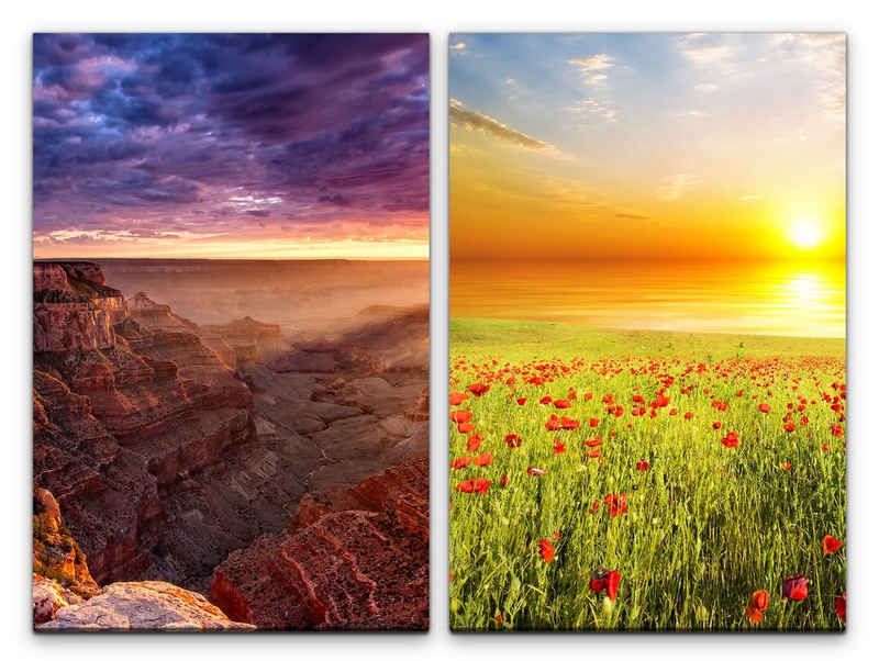 Sinus Art Leinwandbild 2 Bilder je 60x90cm USA Grand Canyon Berge Wolken Mohnfeld Sommer Sonnenuntergang